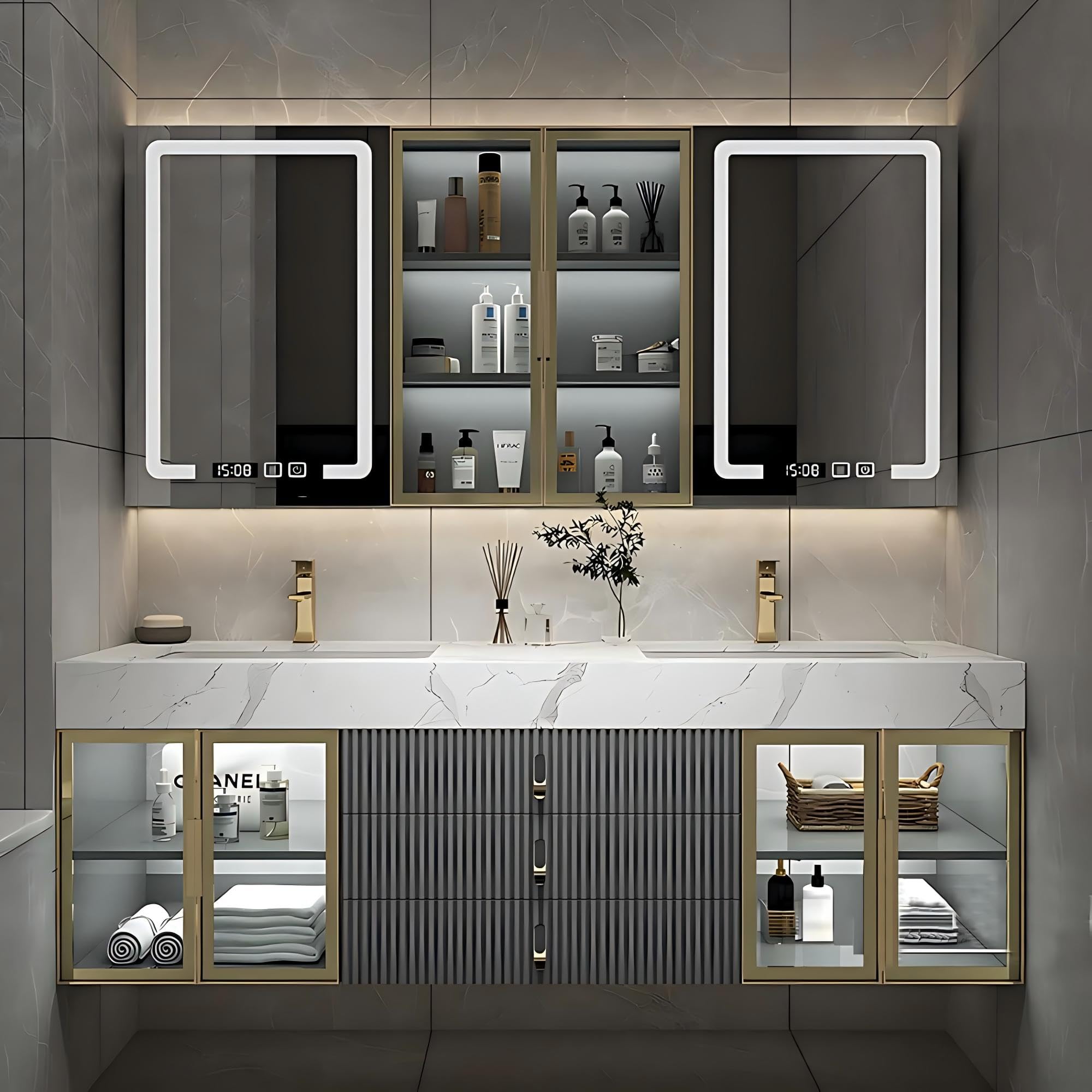 JKFCCGHL 55IN Modern Bathroom Vanity - Double Sink, LED Smart Defog Mirror, Solid Wood, Wall Mounted, Gray (78IN)