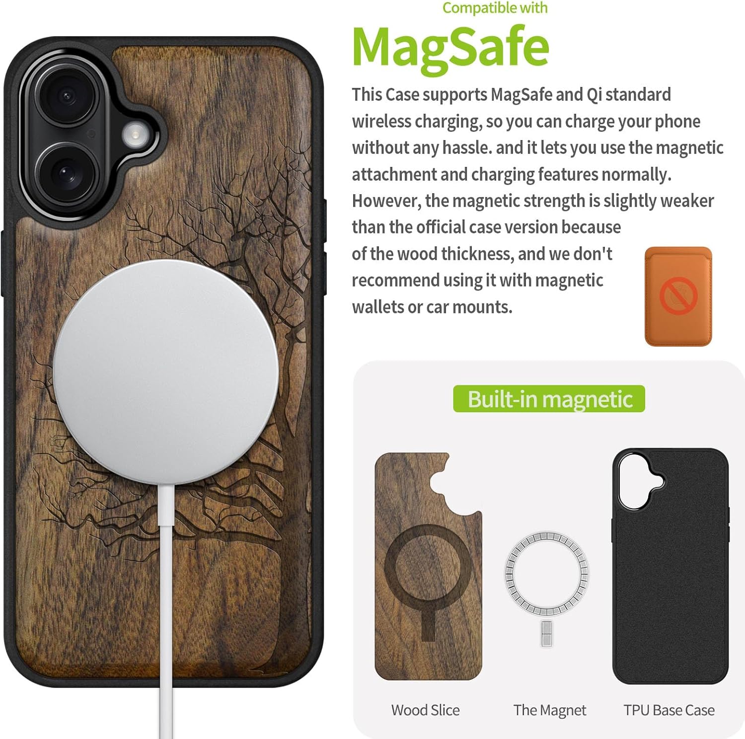 Carveit Magnetic Wooden Case for iPhone 17 Case, Wood Artisan Engraved & Black Soft TPU Shockproof Cover, Compatible with MagSafe Wireless Chargers (The Bare Tree) Walnut