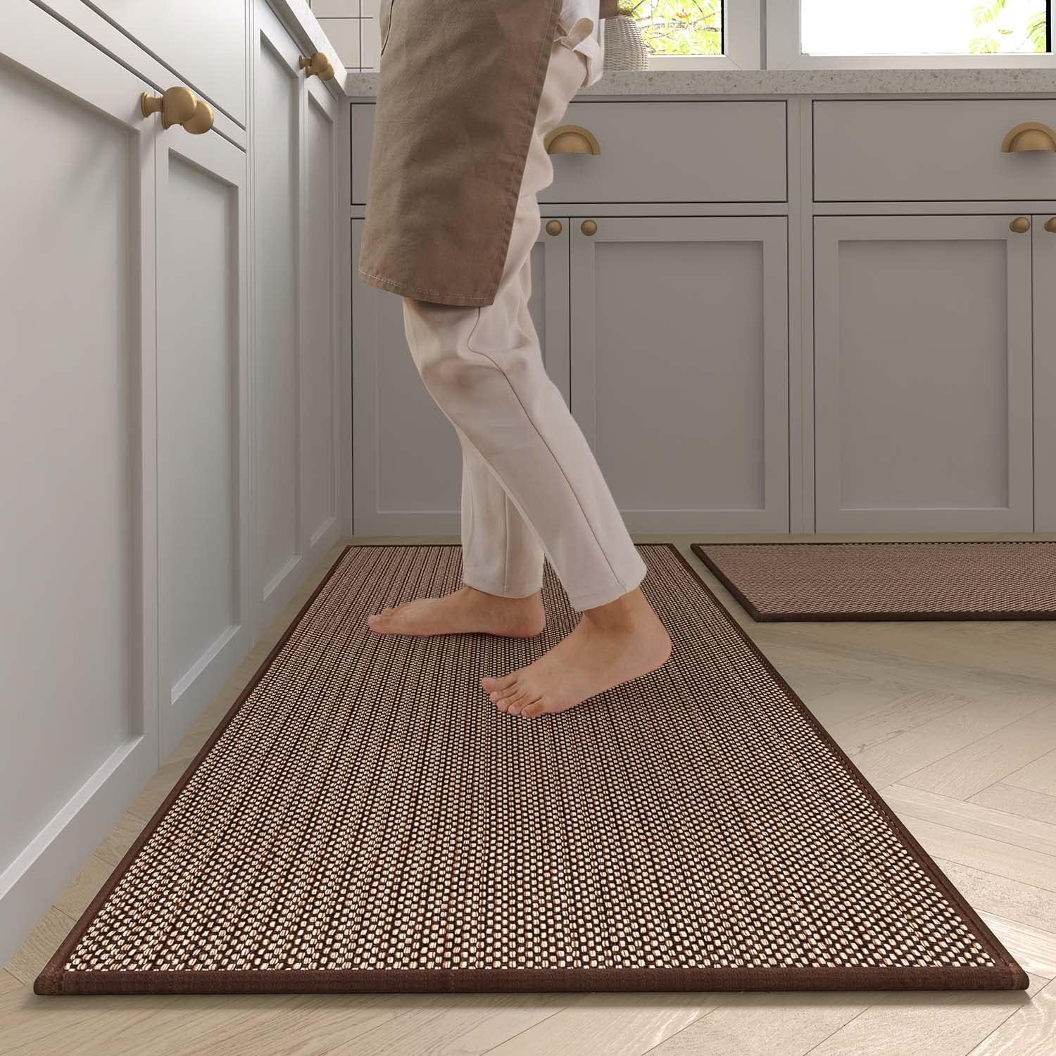 Kitchen Rugs and Mats Washable [2 PCS],Non-Skid Natural Rubber Kitchen Mats for Floor, Runner Rugs Set for Kitchen Floor,Front of Sink, Hallway, Laundry Room 17"x30"+17"x47" (Cappuccino)