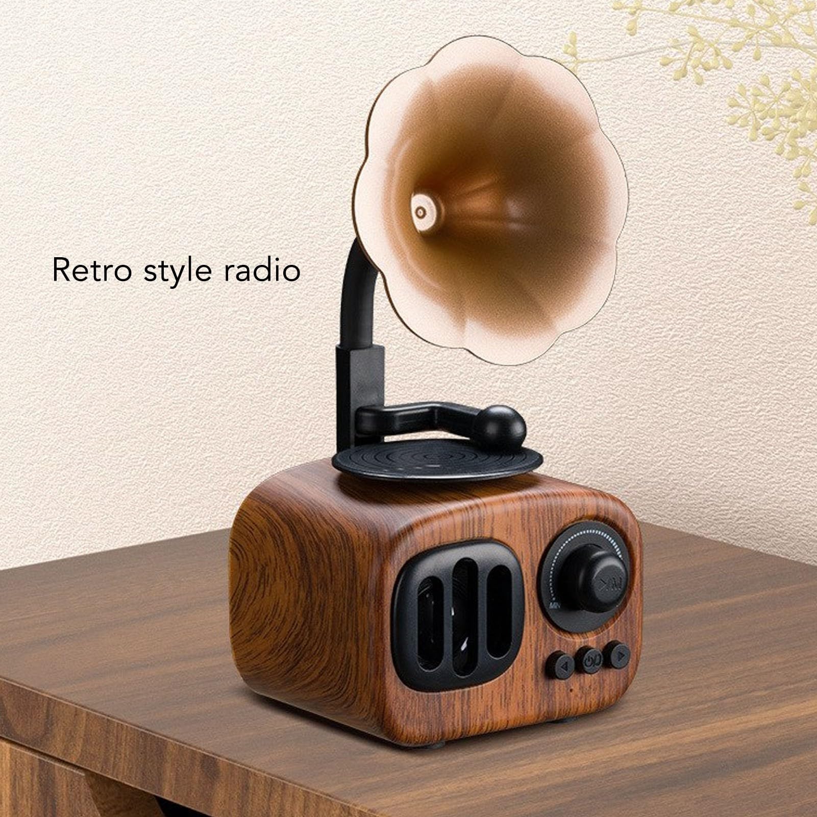 Haut-Parleur Bluetooth Gramophone Vintage, Mini Phonographe en Bois, Haut-Parleur Radio Rétro intégré avec Puce DSP et Antenne, Lecteur de Musique Rétro Prend en Disque U,
