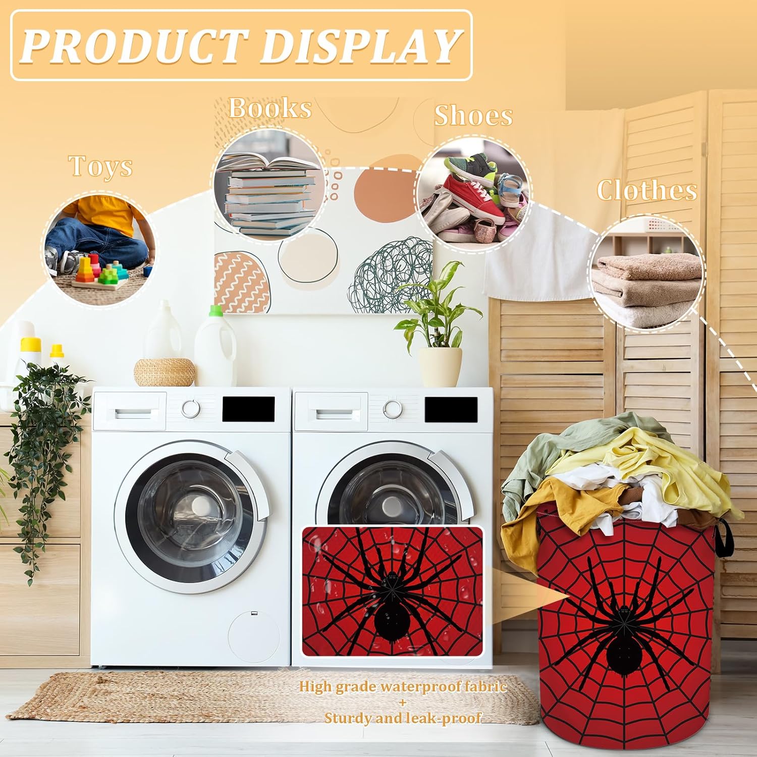 Laundry Hamper, Red Spider Web Laundry Basket, Oxford Waterproof Foldable Clothes Storage Bin, Toy Organizer Basket for Bathroom/Household/College Dorms 15.7"x19.6"