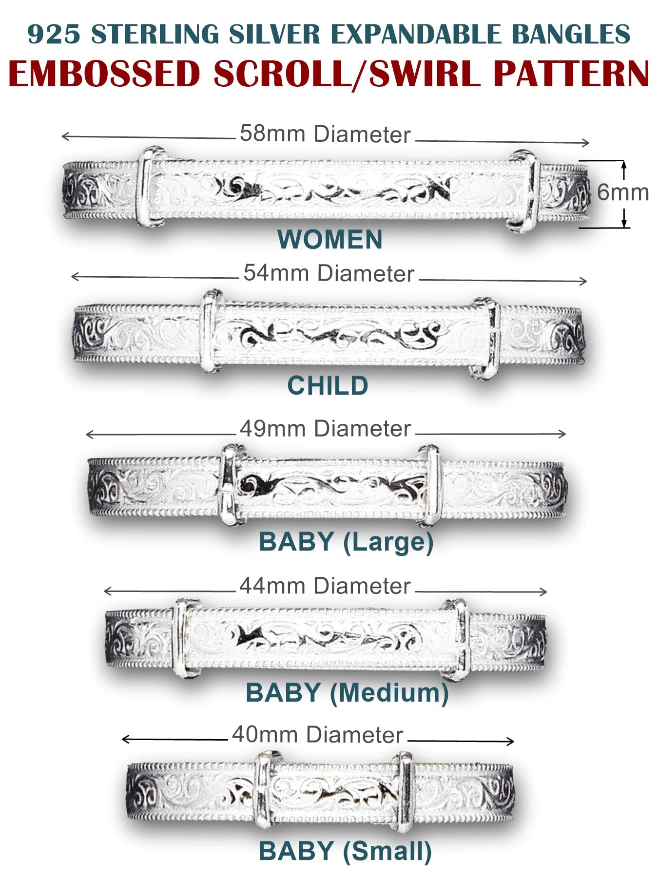 925 Sterling Silver Adjustable Bangle Bracelet for Children - Engraved Design