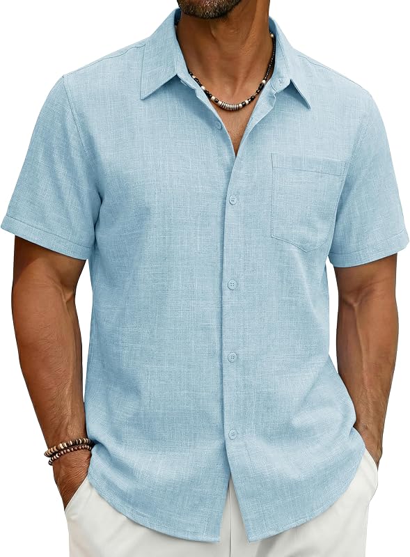 Cotrasen Men's Short Sleeve Button Down Shirts Casual Summer with Pocket | Collared, Wrinkle Free, Untucked, Textured, Soft and Breathable, Lightweight, Beach Vacation Wedding Hawaiian Tops