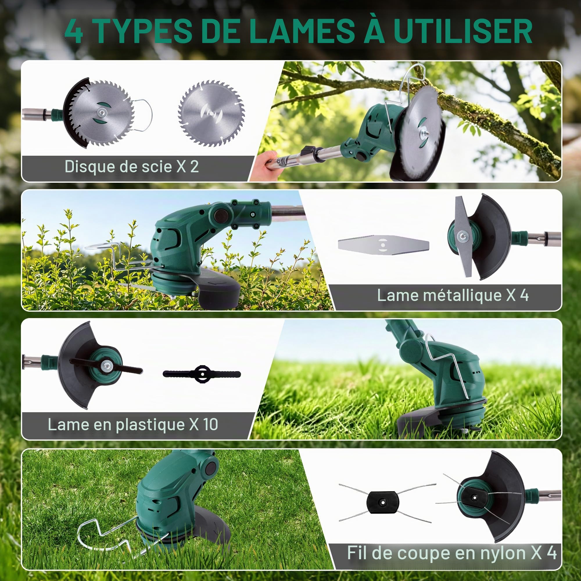 POSENPRO Debroussailleuse Electrique sans Fil, 650W Rotofil Batterie, avec 2 Batteries 20V 1.5Ah et 20 Lames 4 Types, Coupe Bordure sans Fil avec Batterie pour tondre Le Jardin et la pelouse