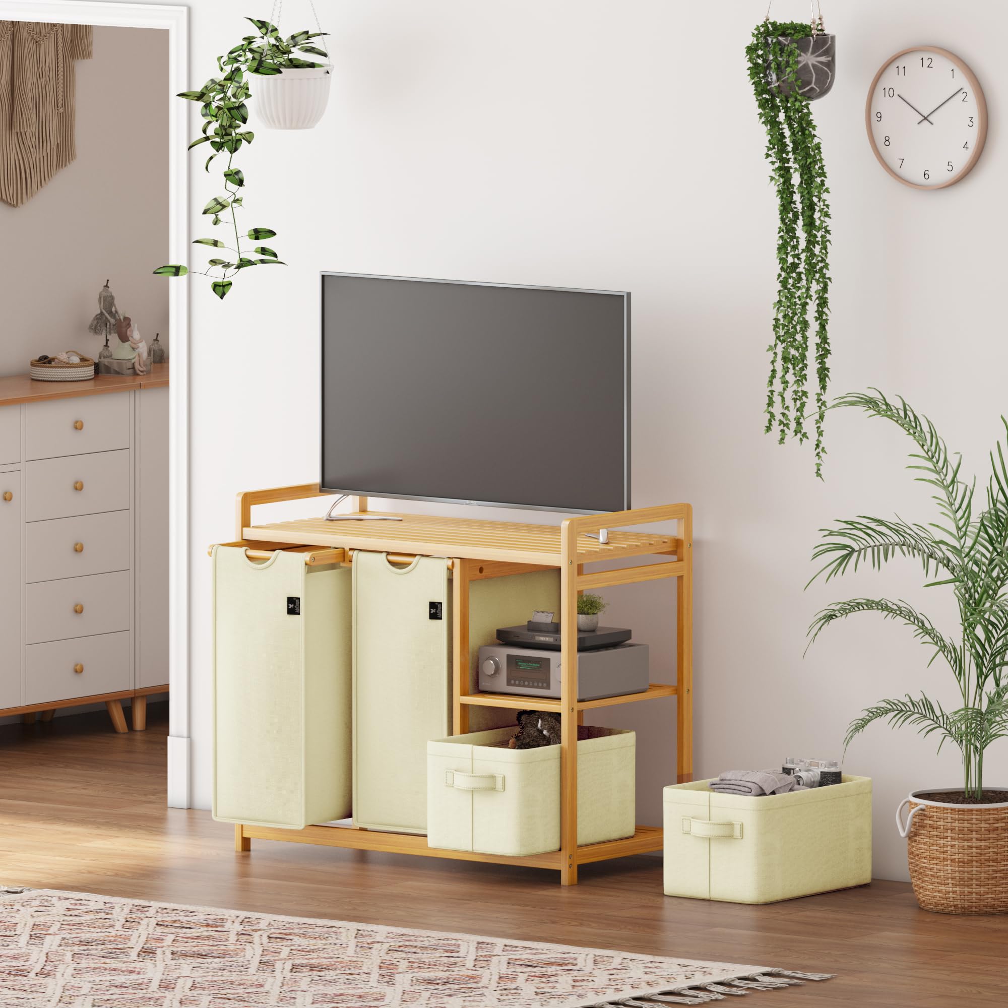 AdelDream B0FCXLP1 - Cesto portabiancheria a 4 scomparti, 140 l, con cestino, con 2 sacchetti per la biancheria e 2 scatole di stoffa con ripiano, in bambù, per la biancheria, colore: Beige
