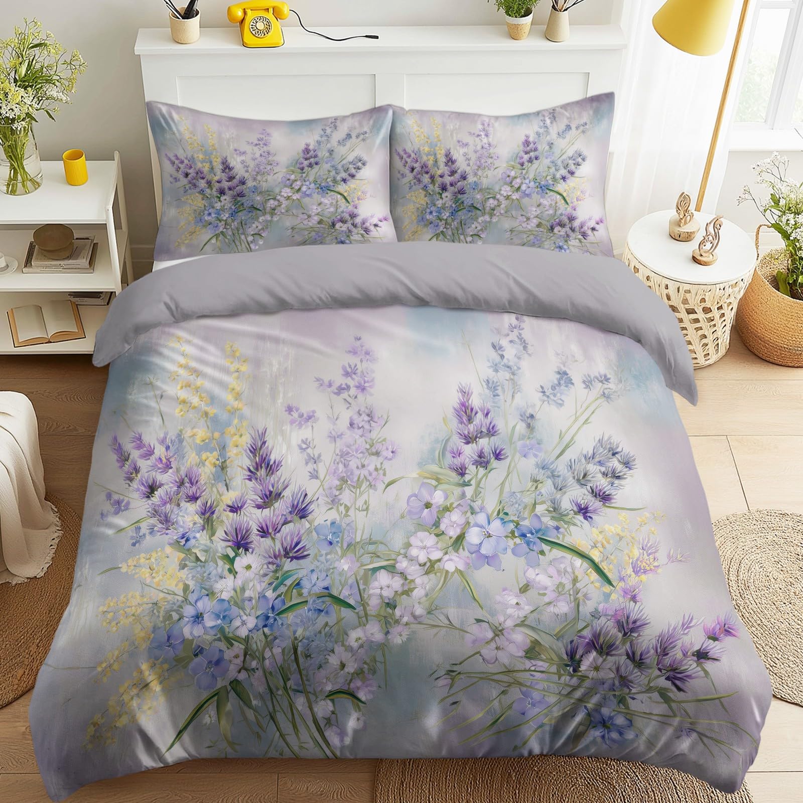 Housse de couette 220x240 avec fermeture éclair pratique pour lit adulte gris floral