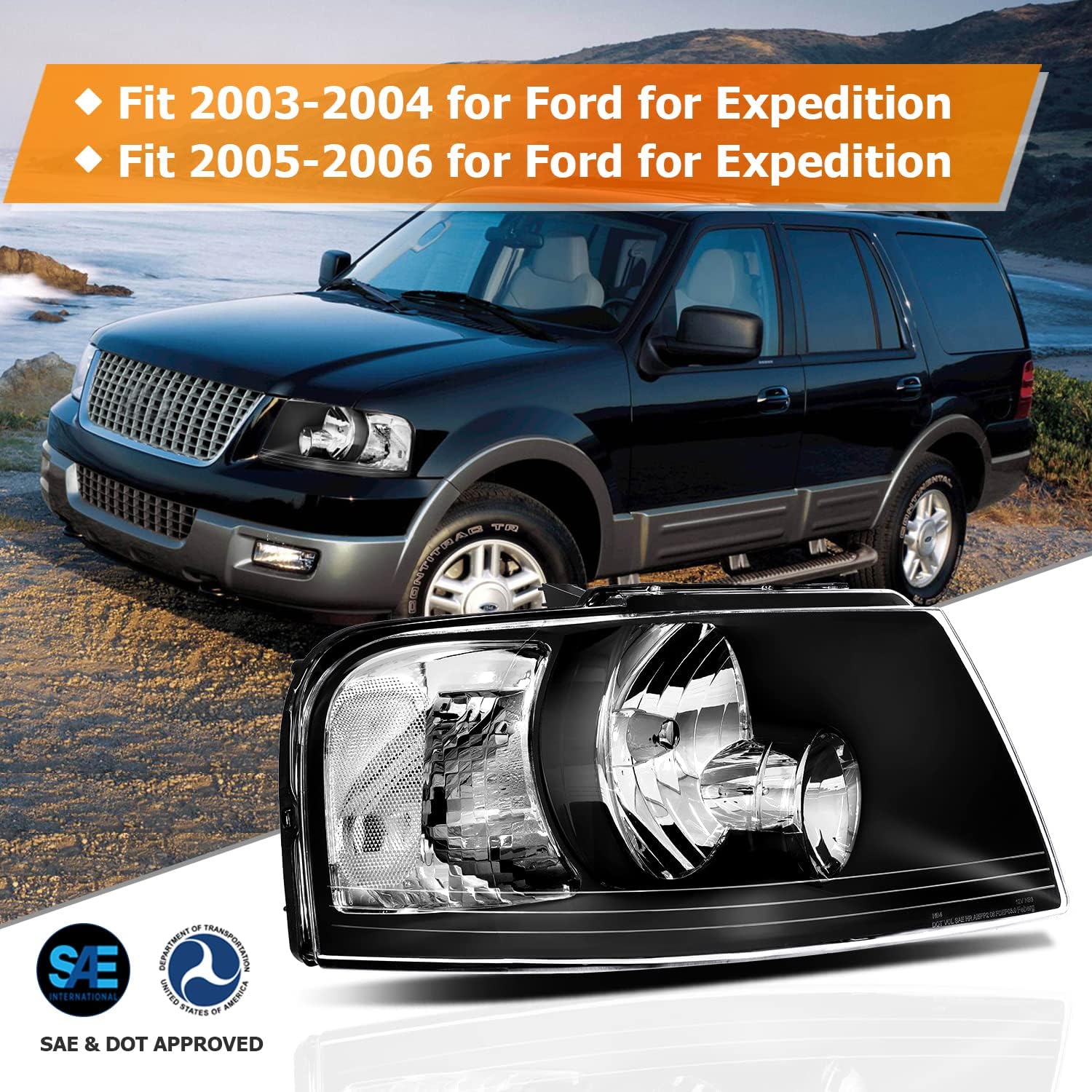 Headlight Assembly For Ford For Expedition 2003-2006 Black Housing Clear Reflector Clear Lens Driver and Passenger Side Headlamp