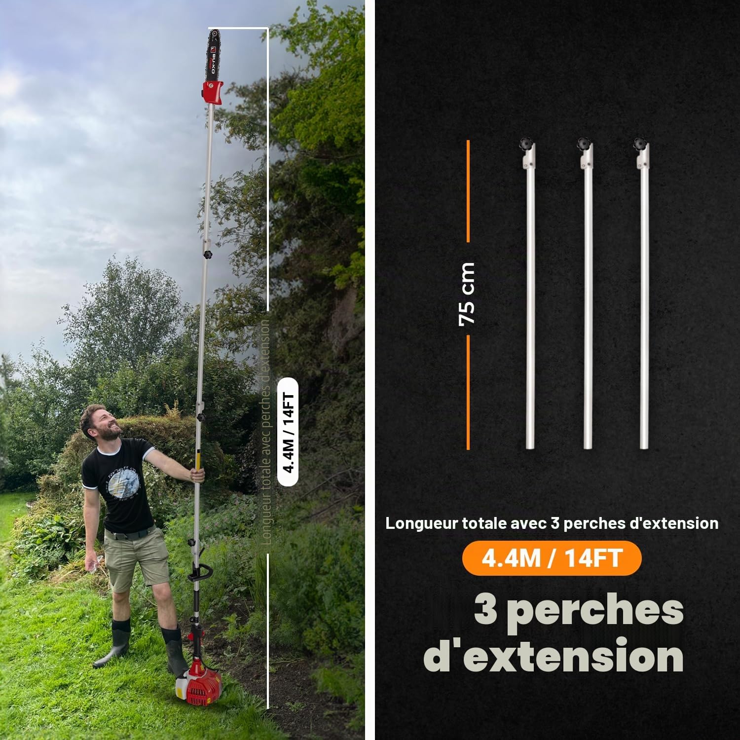 BU-KO 52cc Taille-haie et sécateur à Essence Longue portée avec Manche d'extension de 3 x 75 mm, Outil de Jardinage Ultime pour Couper de précision, Tailler Les Haies et Tailler avec facilité