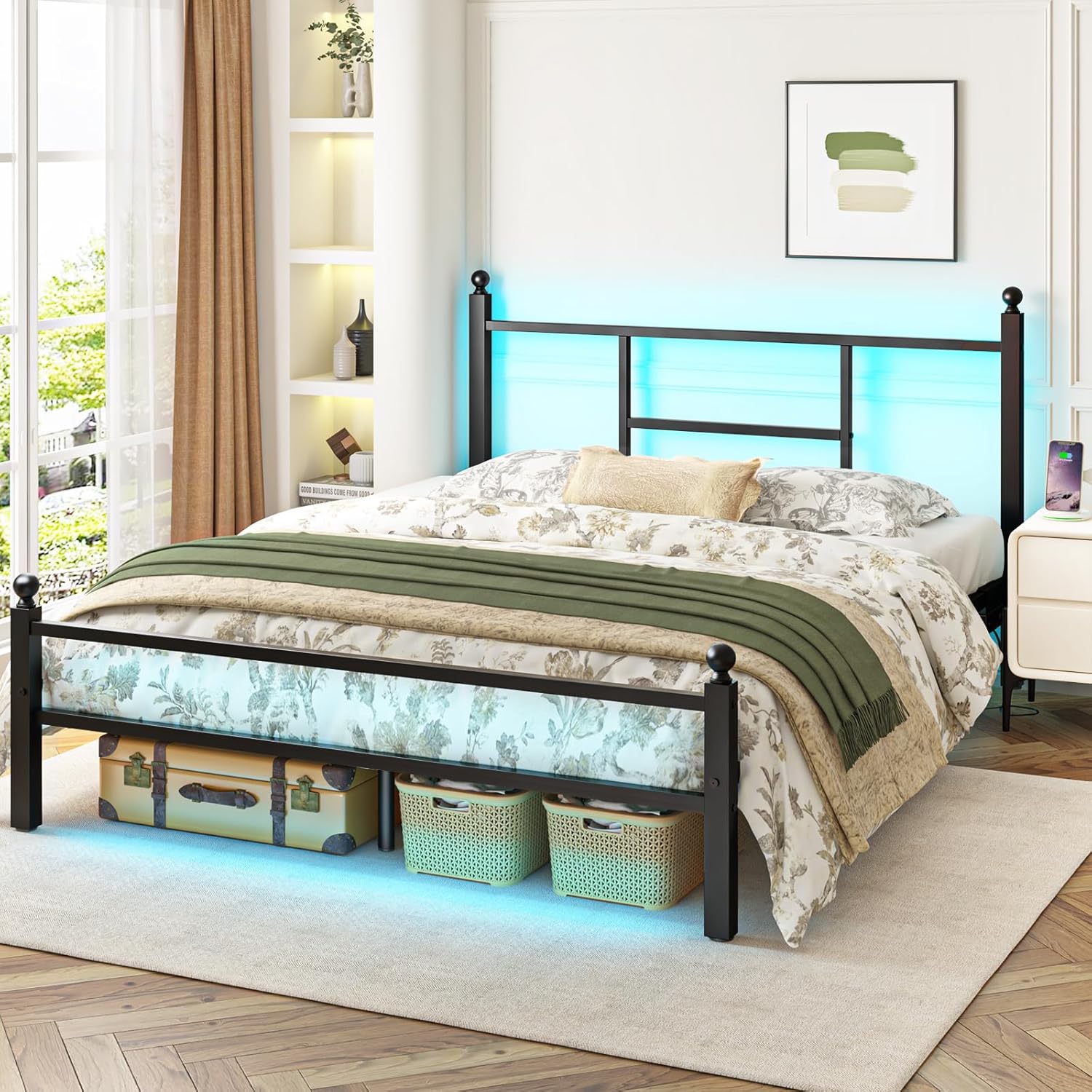 Fixwal Full Size Bed Frame with Charging Station, Metal Bed Frame with Port and Outlet Black Full