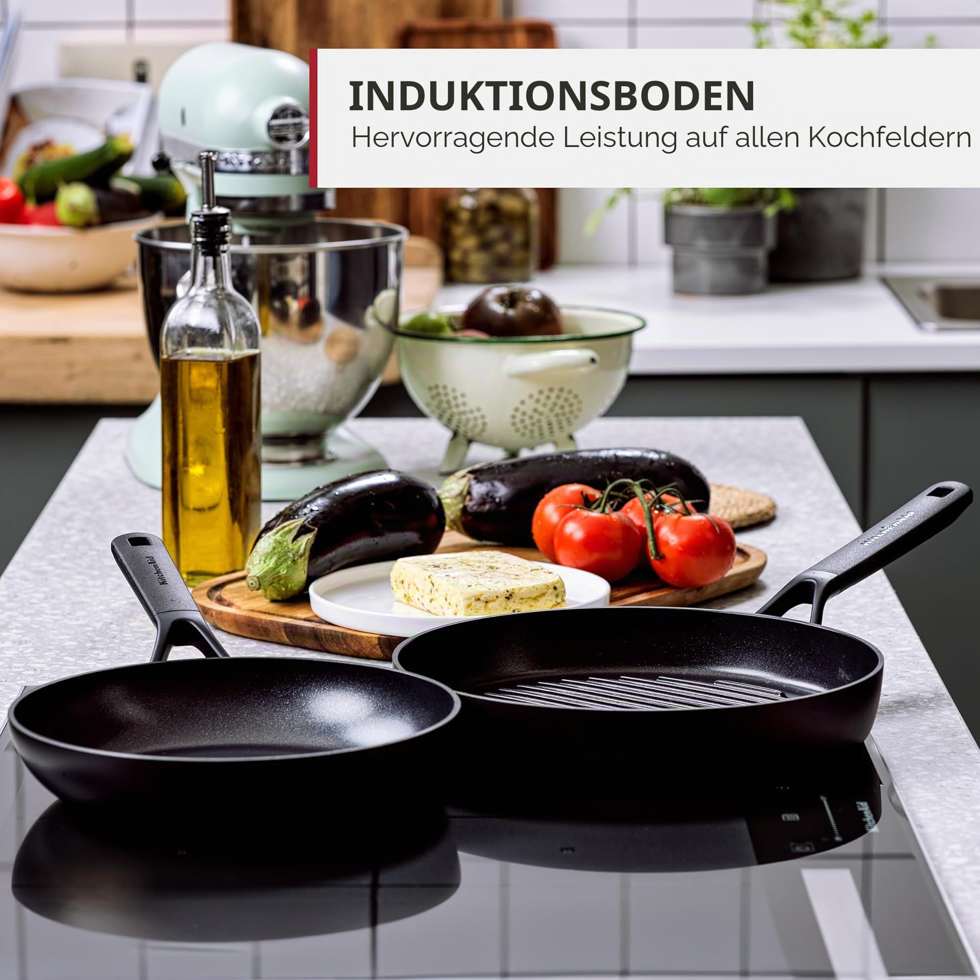 KitchenAid Pfannenset induktion I Classic Frying Pan Set I Pfannen-Set 20/24/28 cm I Hart Anodisiert, PFAS-freie Gesunde Keramische Antihaftbeschichtung, Ofen- und Spülmaschinenfest I Schwarz