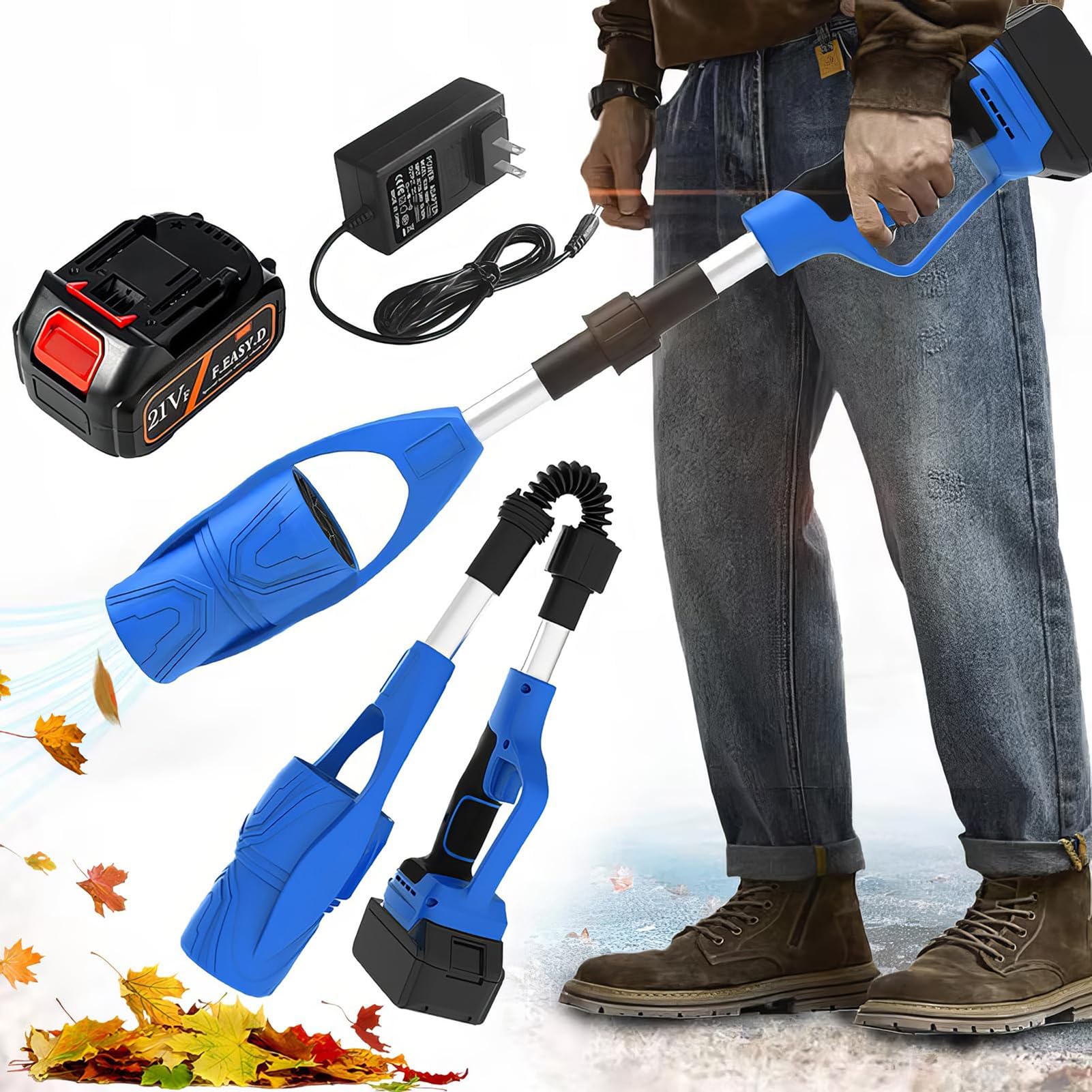 Soffiatore Per Foglie Senza Fili Pieghevole, Soffiatori Da Giardino Brushless Da 21 V Con Batteria Da 3000 Mah E Caricabatteria, Potente Soffiatore Elettrico Da 63 M/s Per Soffiare Foglie, Polve blue