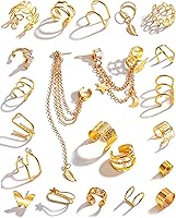 KISSWIFE 22PCS Golden Non-Piercing Ear Cuffs for Women - Adjustable Clip-On Cartilage Earrings Set, Hypoallergenic Butterfly Chain Leaf Designs