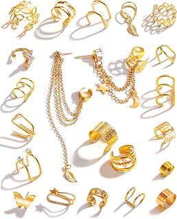 KISSWIFE 22PCS Golden Non-Piercing Ear Cuffs for Women - Adjustable Clip-On Cartilage Earrings Set, Hypoallergenic Butterfly Chain Leaf Designs