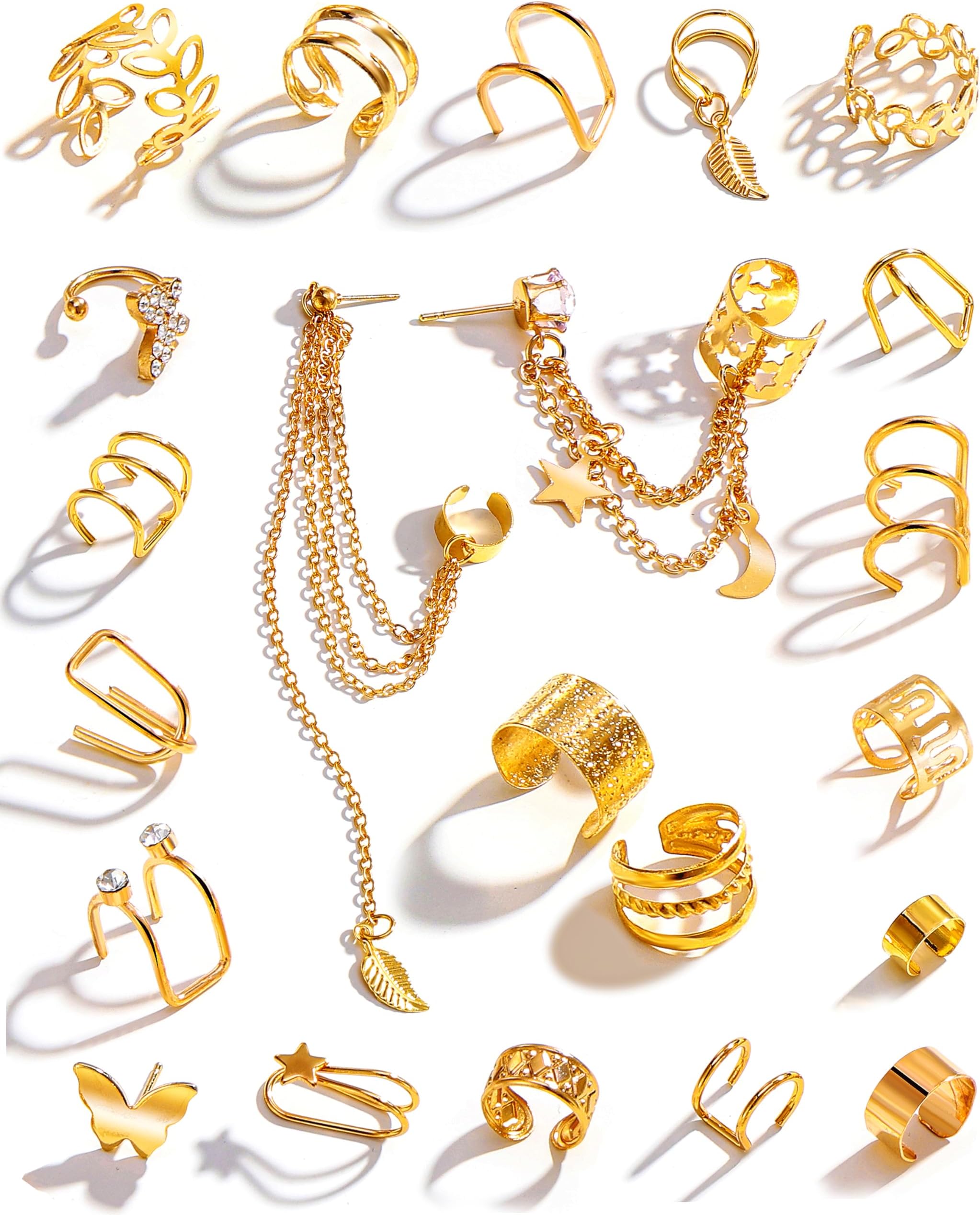 22Pcs Golden Ear Cuffs Earrings for Women Non Piercing Lightweight, Adjustable Hypoallergenic Fake Clip On Cartilage Butterfly Chain Twist Helix Leaf Wrap Earrings Set, Trendy Jewelry