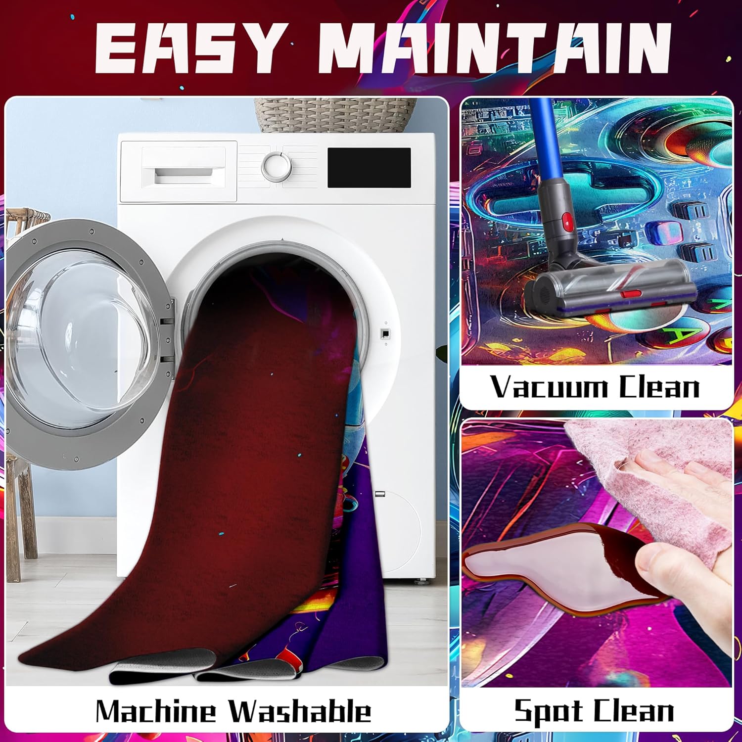 5x7 ft Neon Gaming Area Rug for Boys Room, Colorful Game Controller Carpet for Gamer Room Decor, Low Pile Non-Slip Video Game Rug for Teens Playroom or Game Zone - 01 - Image 3