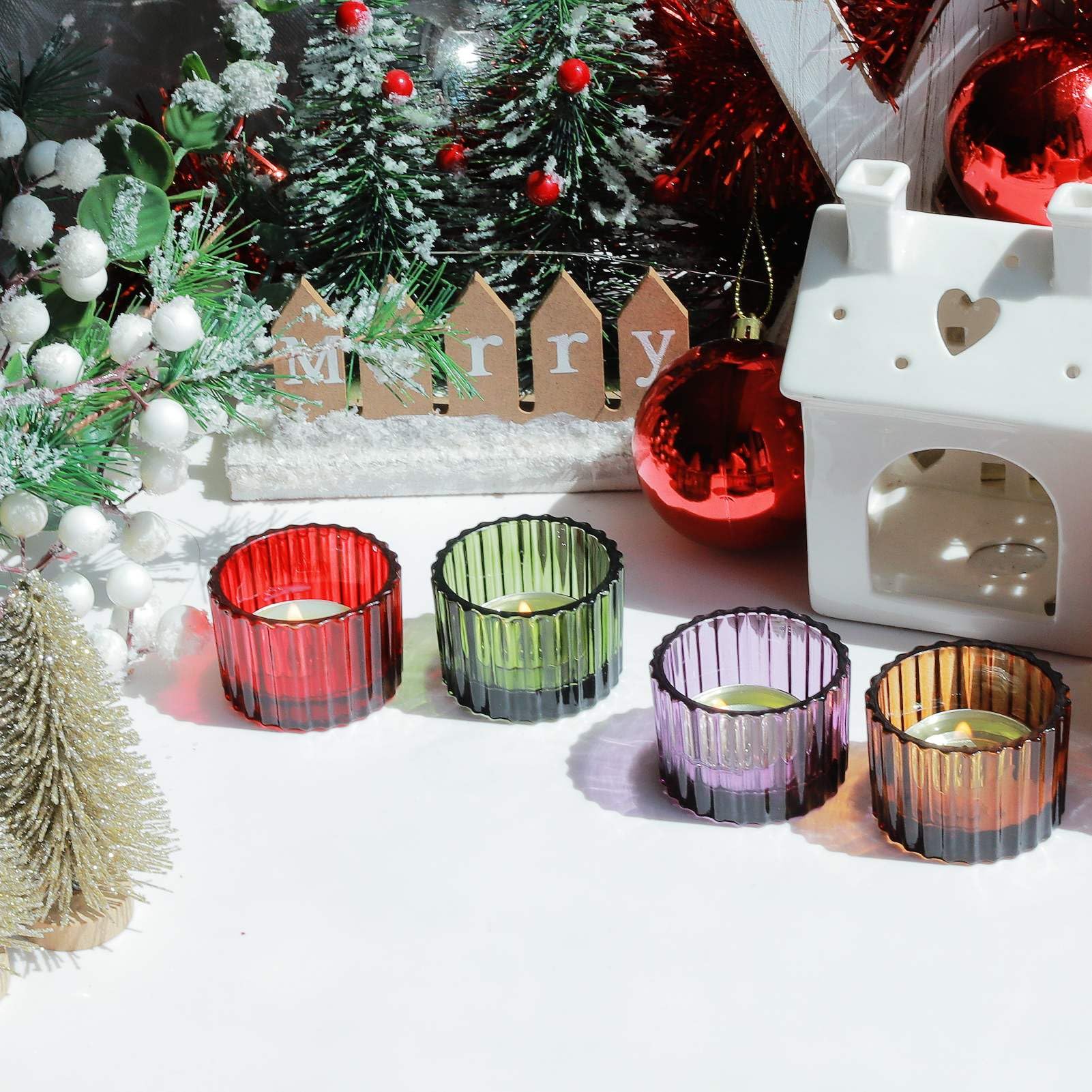 VOHO Lot de 12 photophores en verre côtelé pour décoration d'automne, 4 couleurs, pour centre de table, pour Halloween, Thanksgiving, Noël, cadeaux