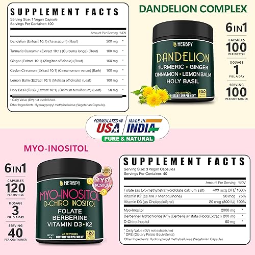 Miniatura 2 de Paquete de suplemento de diente de león 6 en 1, 100 unidades y mio-inositol 6 en 1 y suplemento de D-Chiro Inositol para mujeres, 120 unidades, para