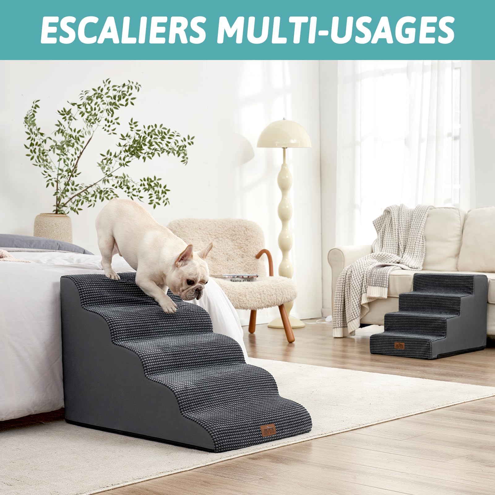 COZY KISS Large escalier pour Chien et Petit Animal Domestique avec Housse Anti-Fuite (Noir grisâtre, 50x83x57cm, 5.0)