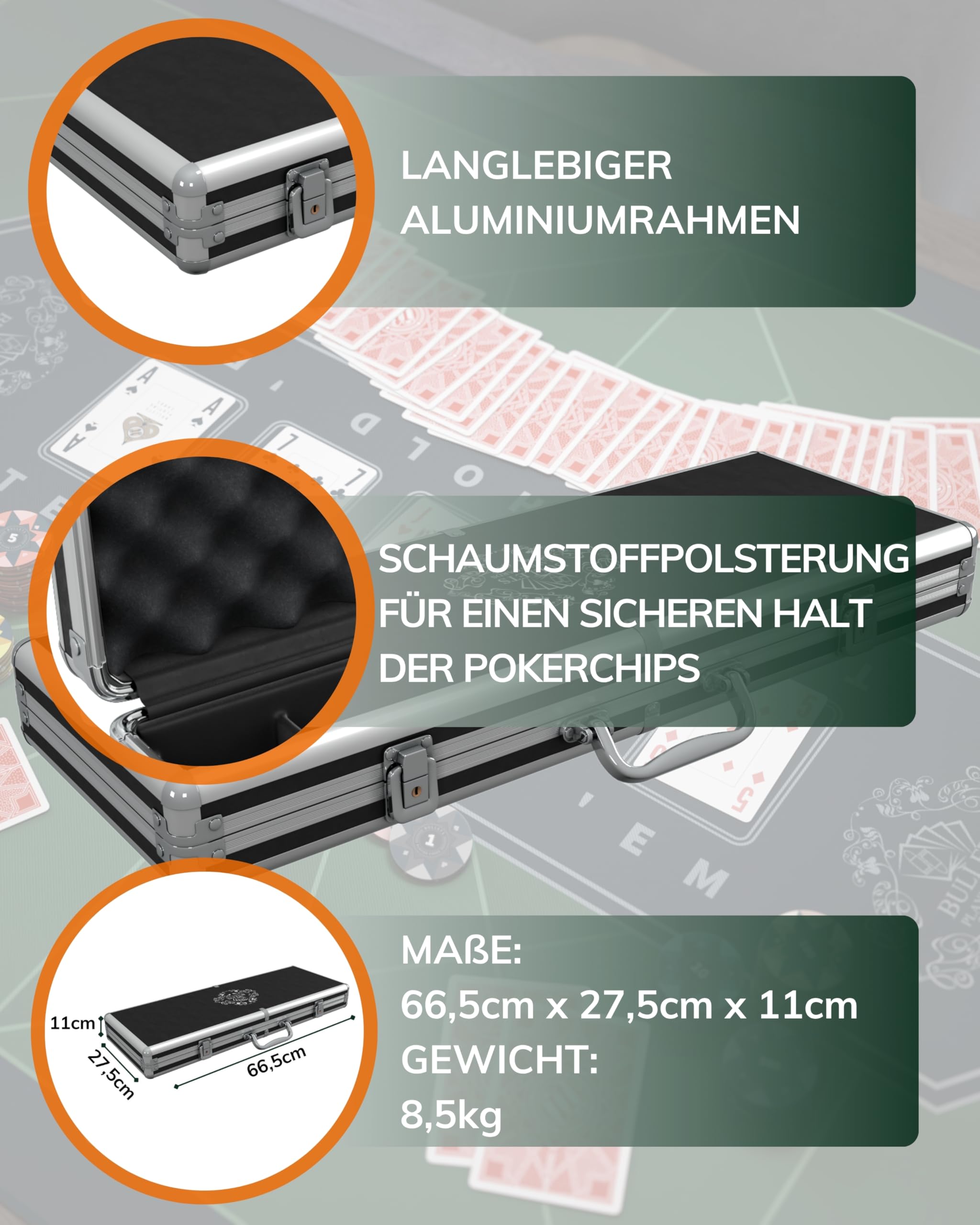 Bullets Playing Cards, Pokerset Janice, Pokerkoffer mit 500 Kunststoff Pokerchips mit Werten, inkl. Keramik Dealerbutton und Pokerkarten