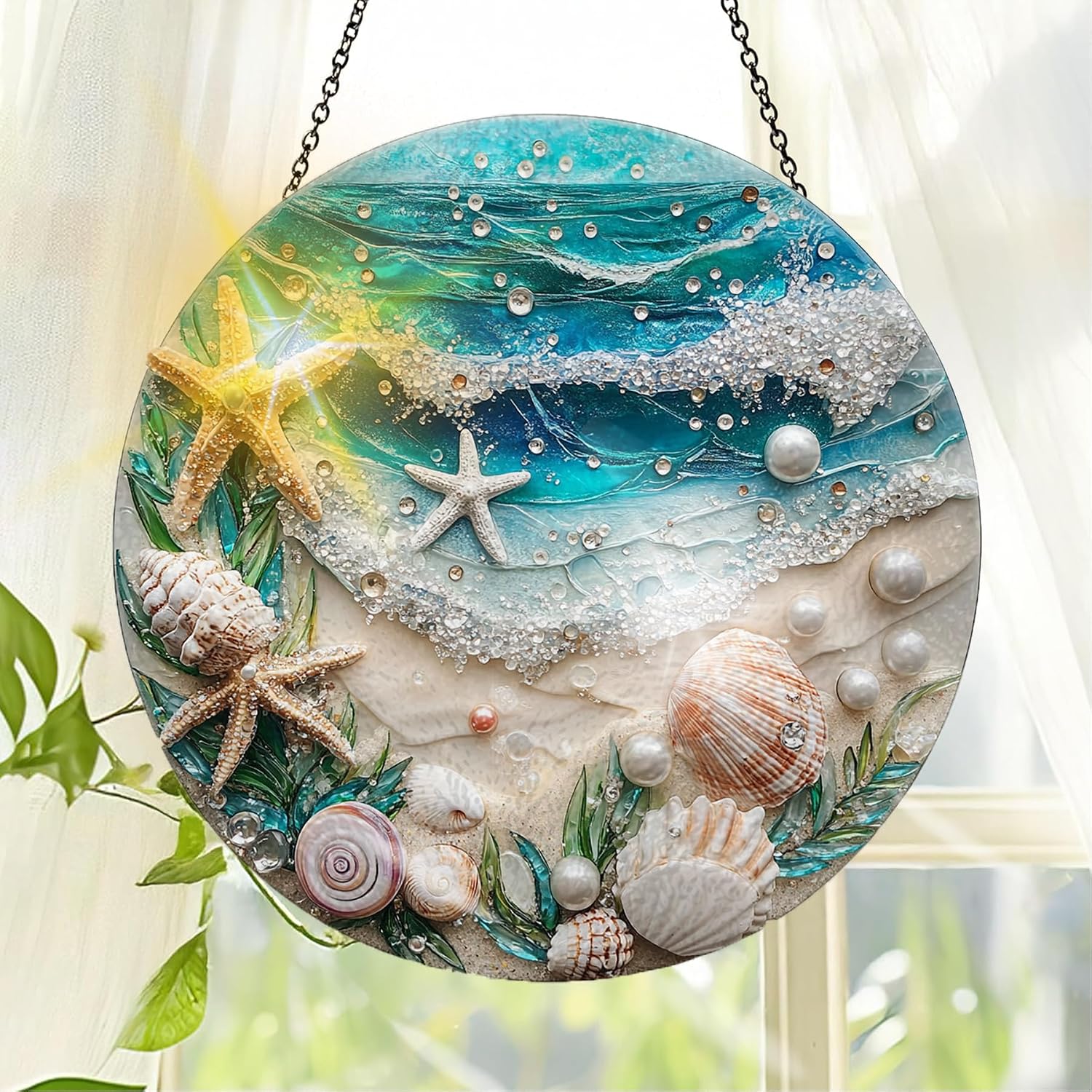 Seashell Suncatcher Indoor Stained Glass Window Hanging - Outdoor Window Hanging Decoration - Sun Catcher Home Decor Mother's Day Birthday Gifts for Women, Men Mom 7.8 in