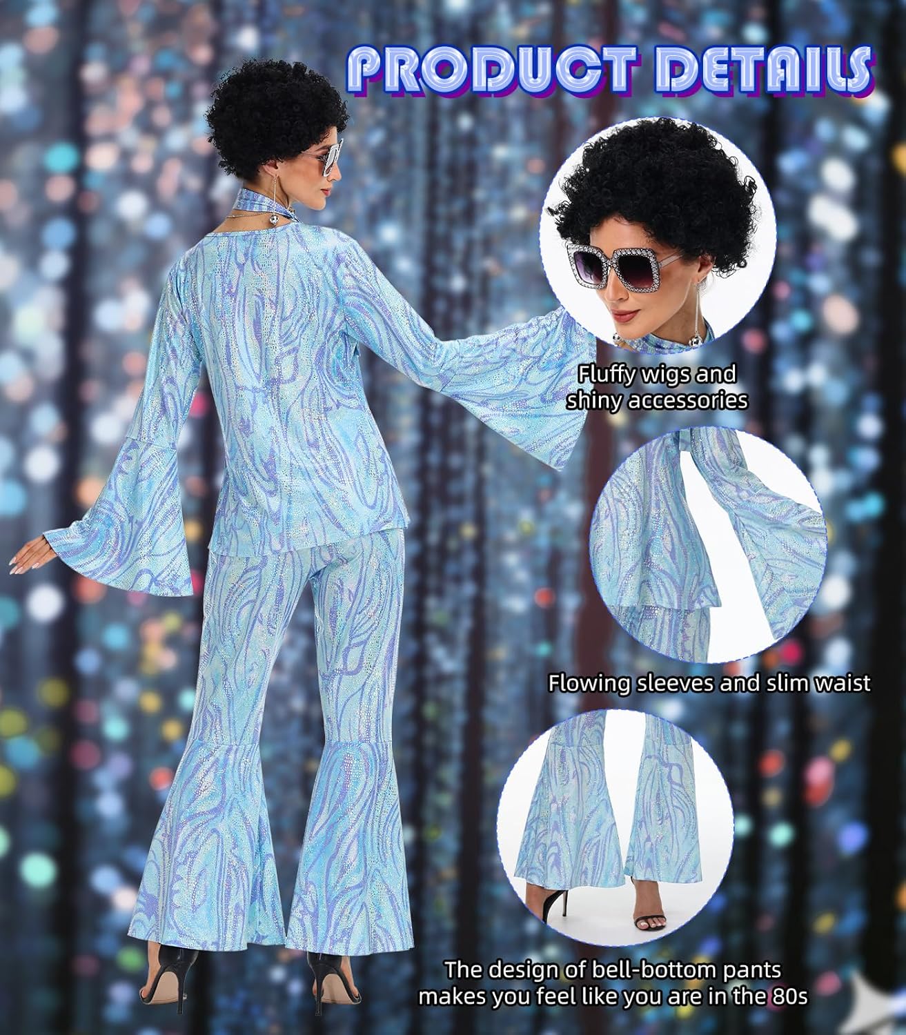 70s Disco Costume for Women - 1970s Disco Outfit with Wig, Earrings, glasses, Necklace, Headband, Sequin Top & Bell Bottoms - Image 2