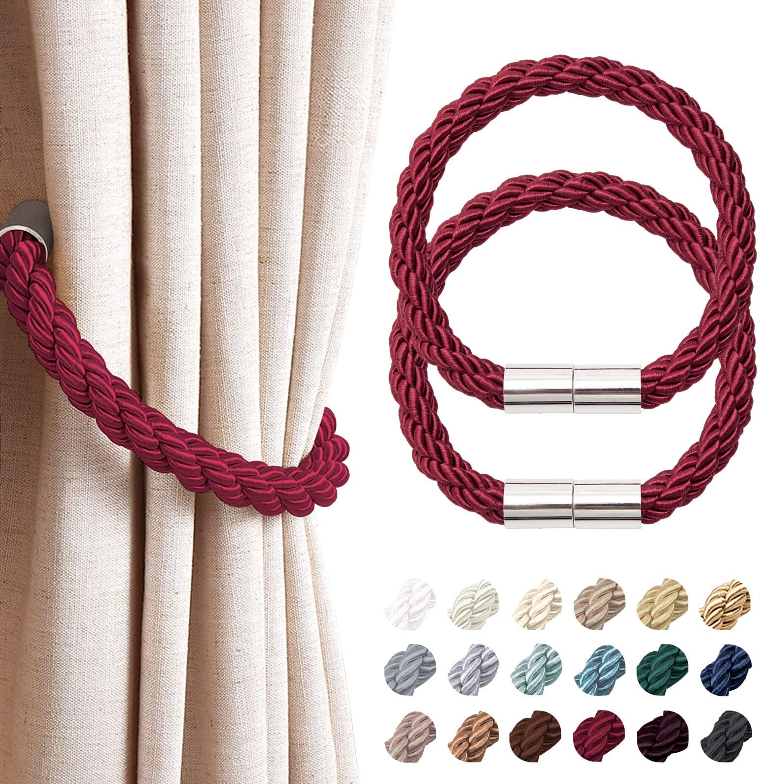 NICEEC 2 Pack Strong Magnetic Curtain Tiebacks Modern Simple Style Drape Tie Backs Convenient Decorative Weave Rope Curtain Holdbacks for Thin or Thick Home & Office Window Draperies (Wine Red)