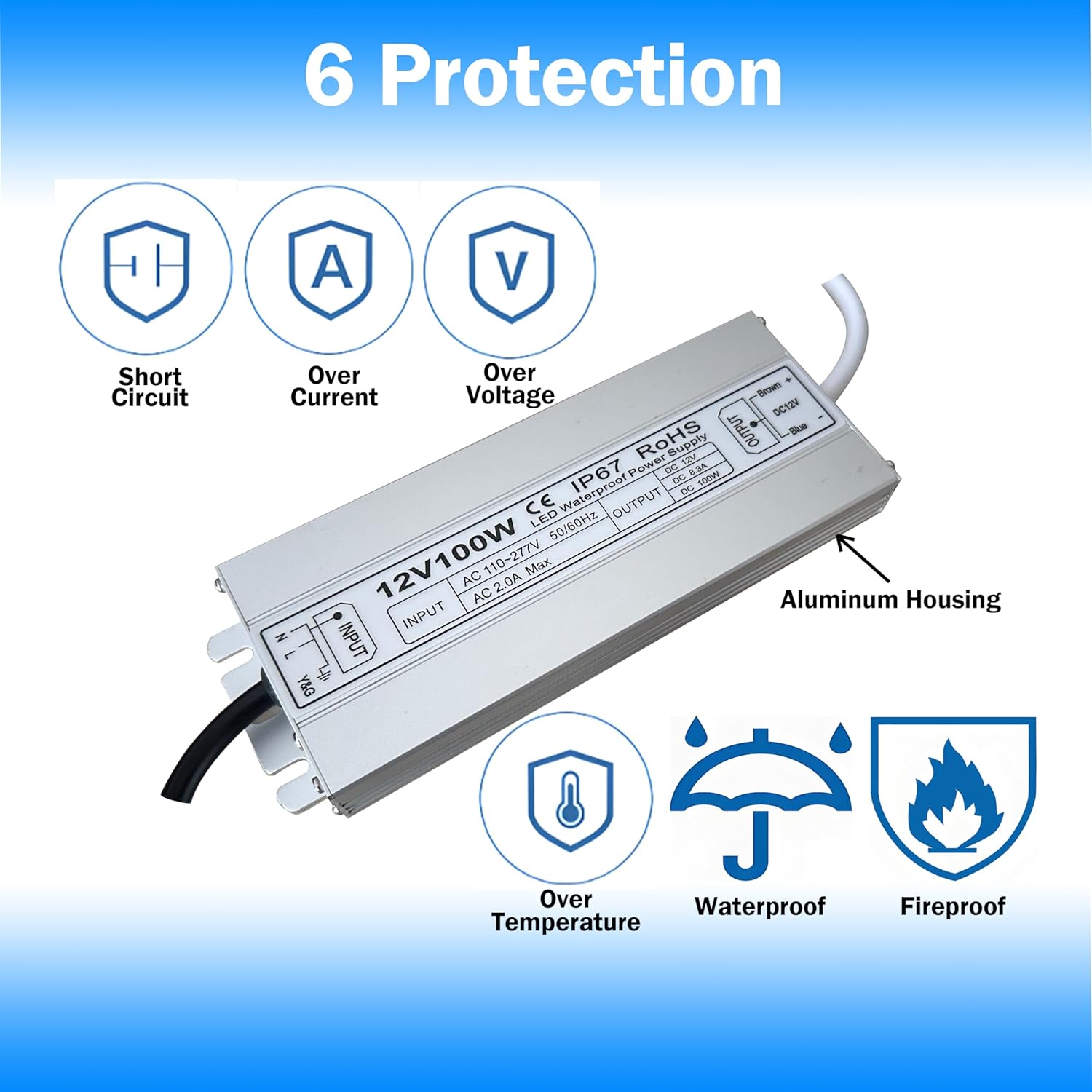 Led Driver 12V Led Transformer 100W IP67 Waterproof Power Supply Ultra Thin 0.78in 100-277V AC to 12Vdc Low Voltage Transformers with 3-Prong Plug 3.3 Feet Cable Indoor Outdoor LED Light