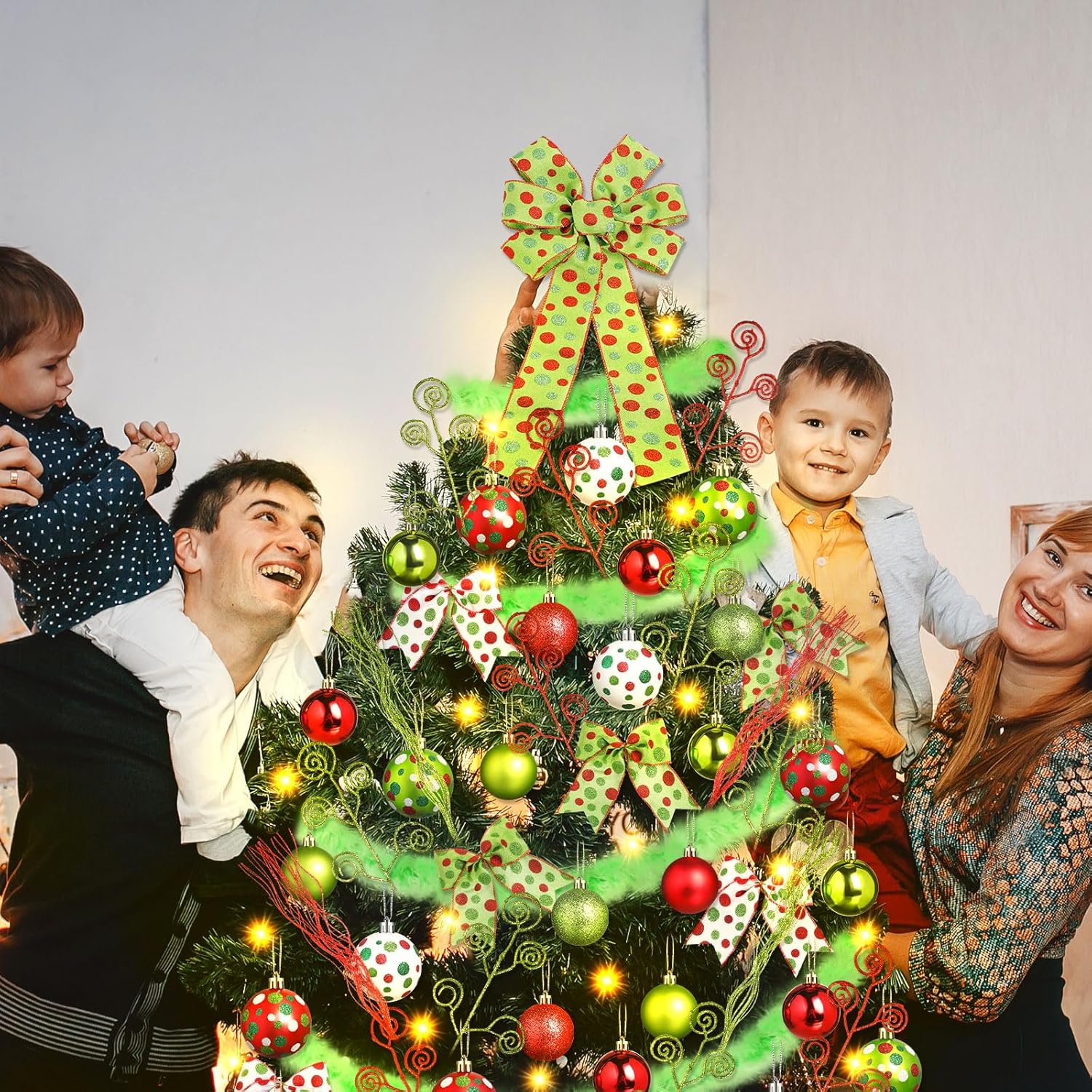 70 pcs Christmas Tree Ornaments Set Including Ball red Green White Polka Point Bows Glitter Berry Stems Candy Curly Sticks Faux Fur Ribbon led Lights for Xmas Holiday Decor