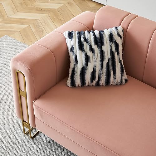 Miniatura 5 de Yoglad Mueble de tela contemporánea de 3 plazas, sofá de terciopelo con rayas profundas, sofá tapizado con brazos cuadrados y patas de metal para