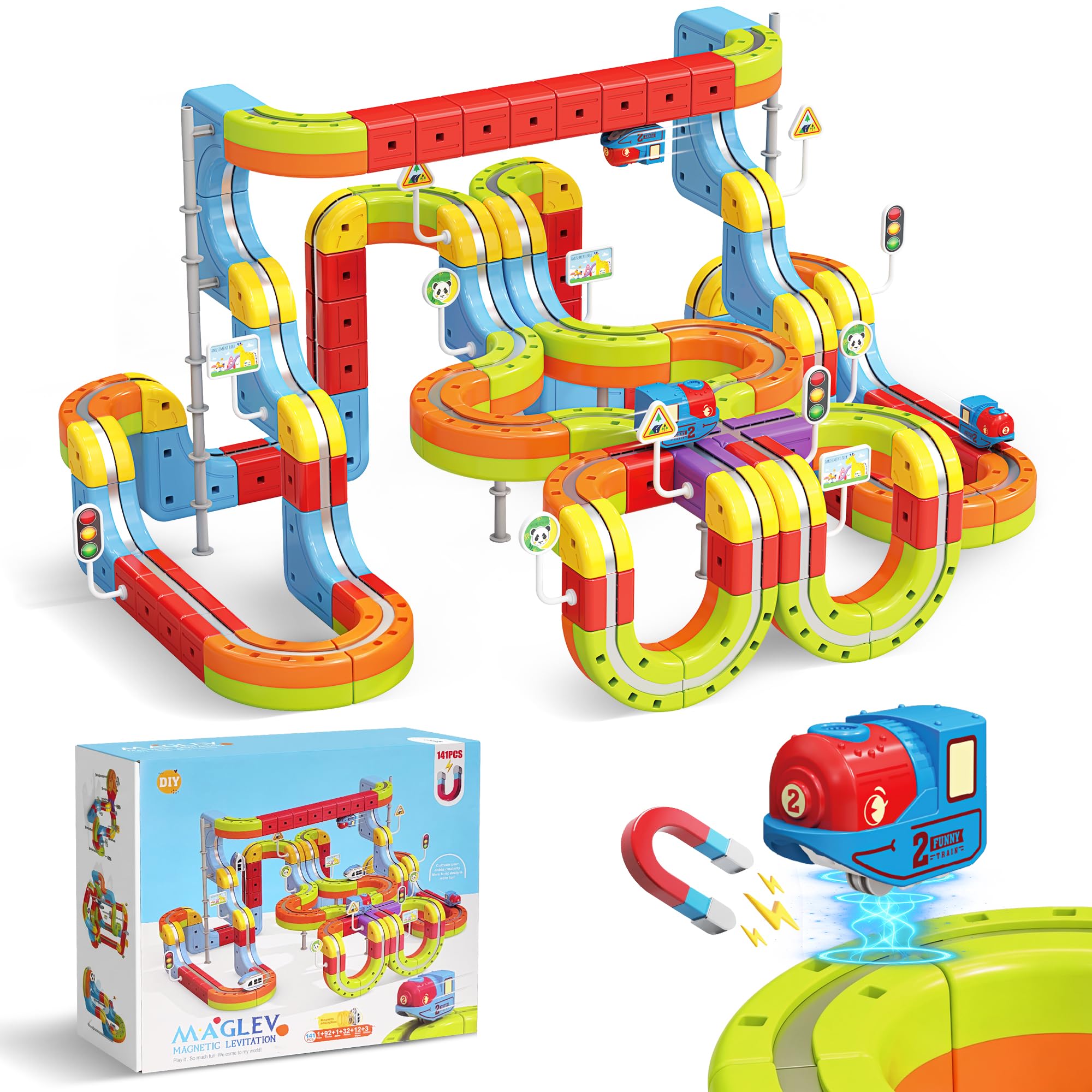 Juego de tren eléctrico para niños, 141 piezas (92 pistas + 2 coches), juego de tren magnético para niños pequeños, juguetes STEM, regalos de cumpleaños para niños de 3 a 12 años, kits de pista
