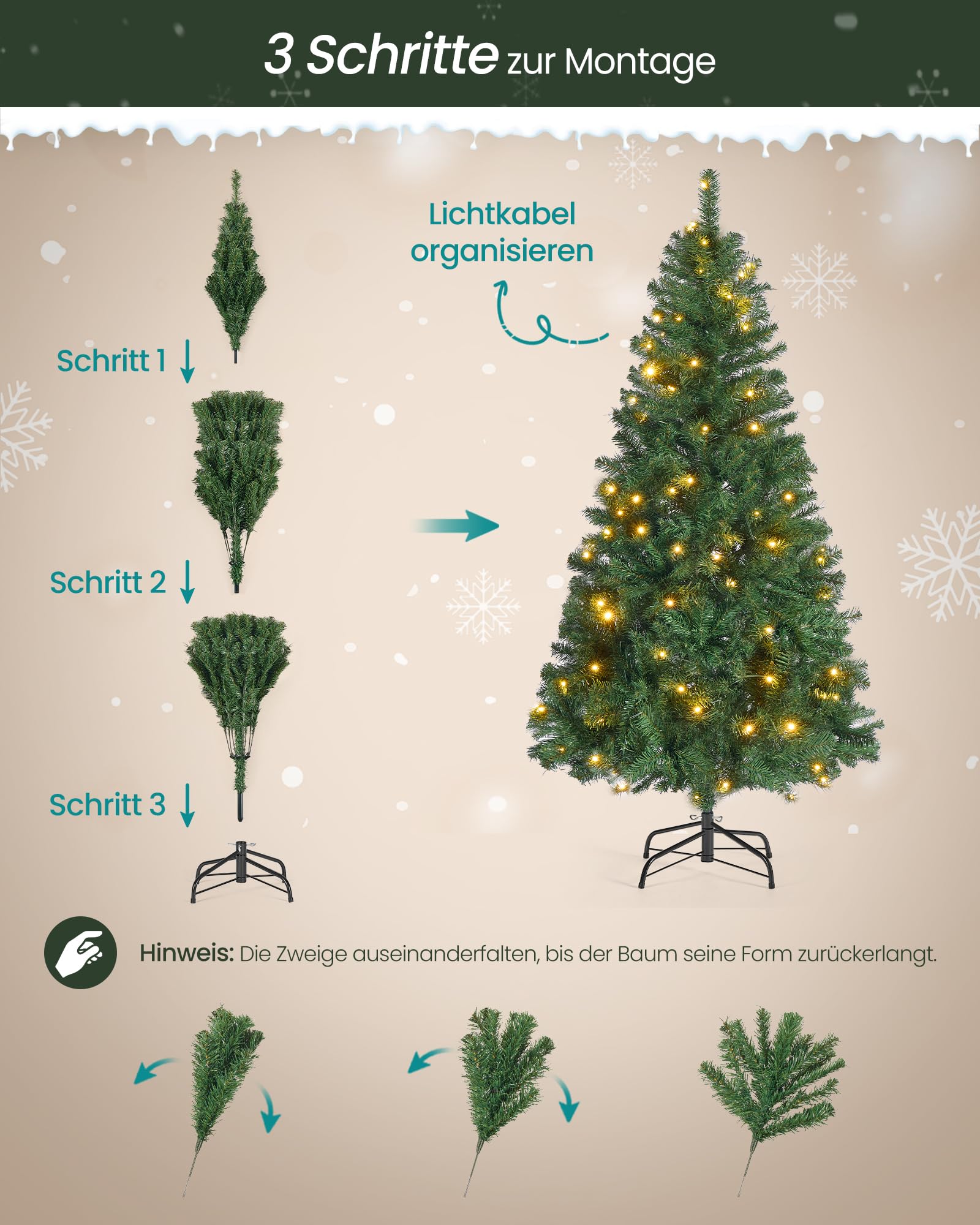 SONGMICS Künstlicher Weihnachtsbaum, 180 cm, mit Beleuchtung
