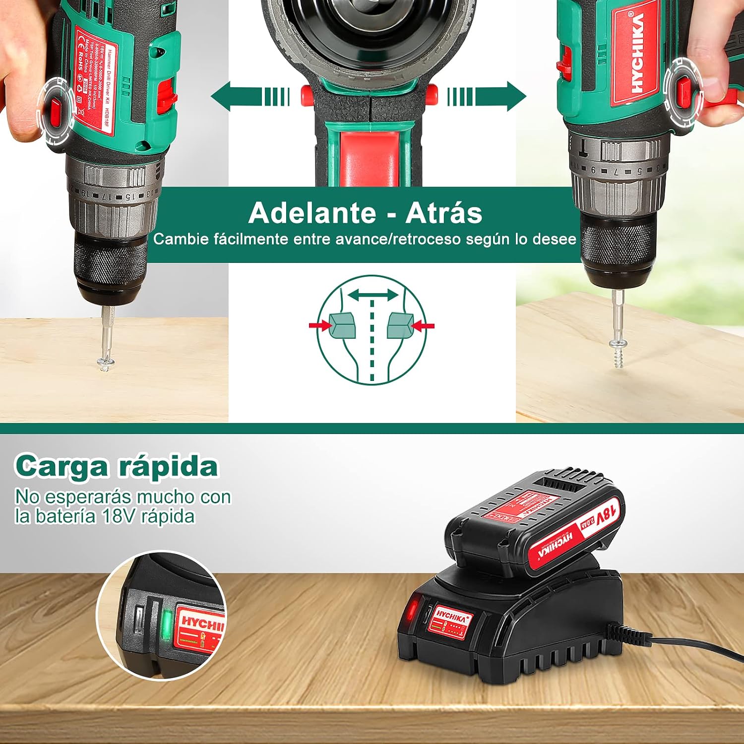 Taladro Atornillador Brushless 18V, HYCHIKA 60Nm Taladro Inalámbrico con 2  * 2.0Ah Baterías, 52 Accesorios, 21+3 Ajustes, Cargador Rápido, Caja  Portátil, Taladro Percutor a Batería con 2 Velocidad : Amazon.es: Bricolaje  y herramientas