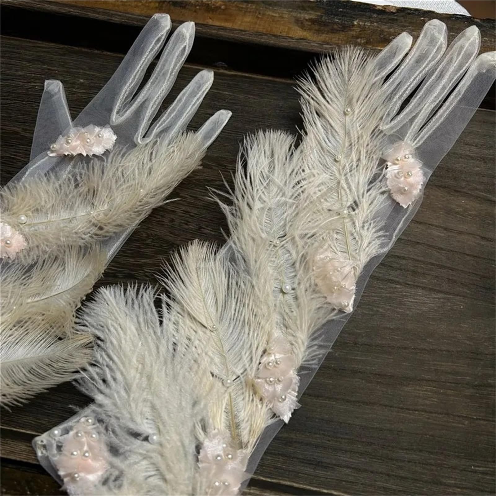 Guanto in piuma Elegante naturale a maglia lunga Performance | Piuma naturale primaverile estiva, guanto a rete lunga, festa for spettacoli