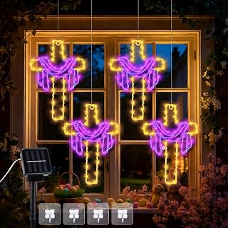 Huquary 4 Pcs Solar Easter Window Lights 10 Inch Easter Cross Sign Decor He is Risen Window Lights with Solar Power Stake & 4 Hooks Light up Jesus Cross Decor for Spring Home Yard Garden Patio