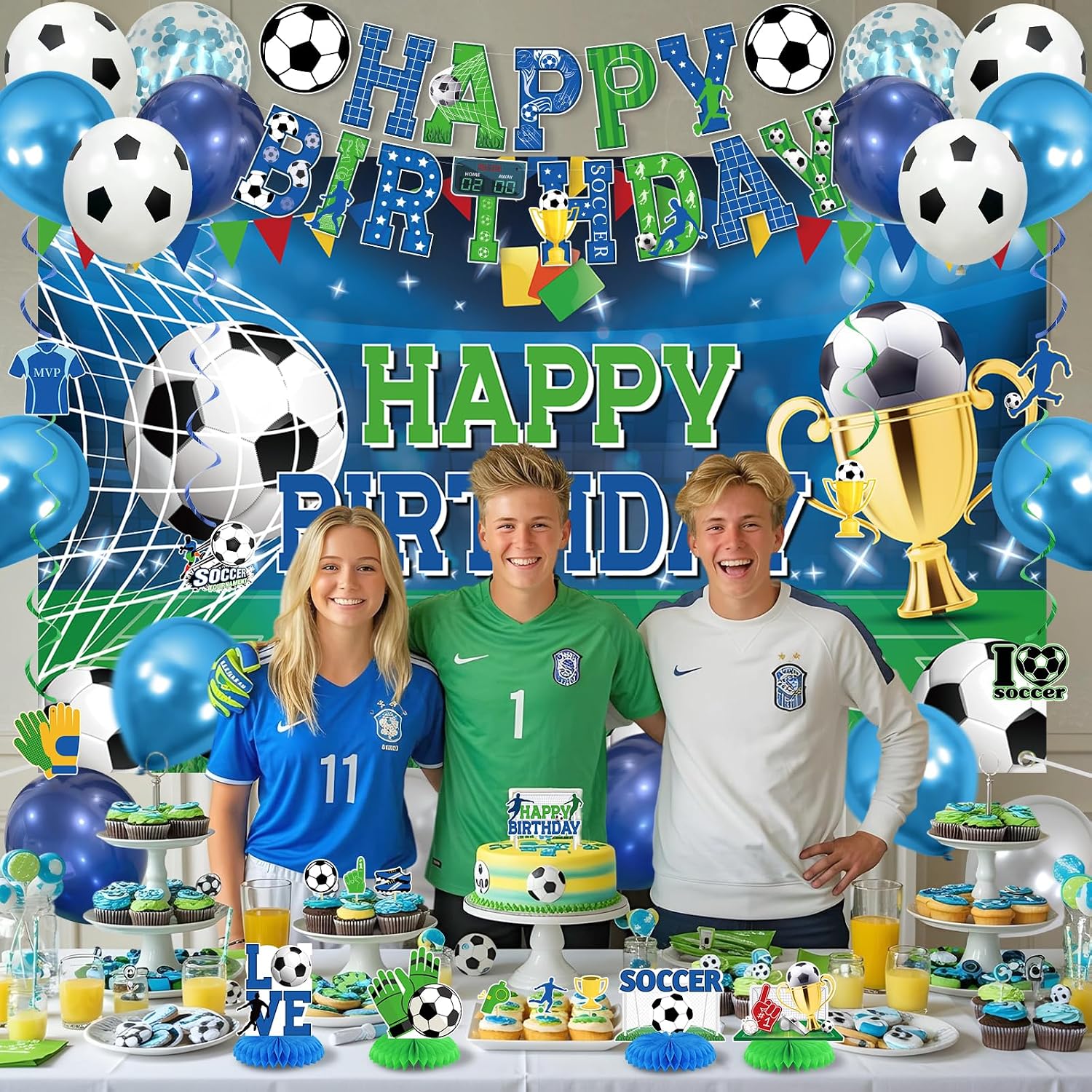 Roetyce Blue Soccer Birthday Party Decorations, Soccer Theme Happy Birthday