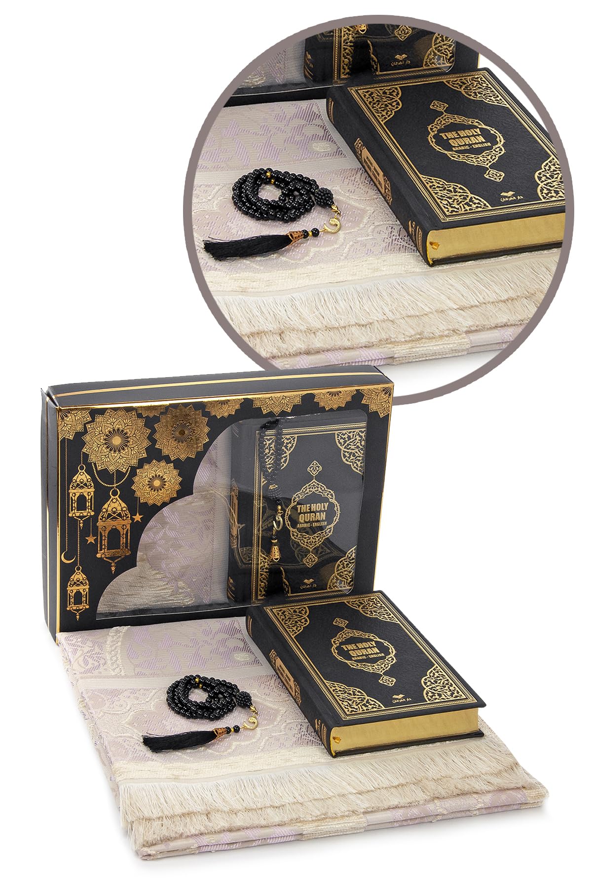 Ihvan Online Men's Black / Box 1 Islamic Prayer Gift Set, 99 Pearly Prayer Beads Tesbih, Holy Quran With English Translation, Muslim Prayers Rug, Prayers Mat Islam, Luxury Gifts Set For Hajj, Umrah, Ramadan, Black/Box1