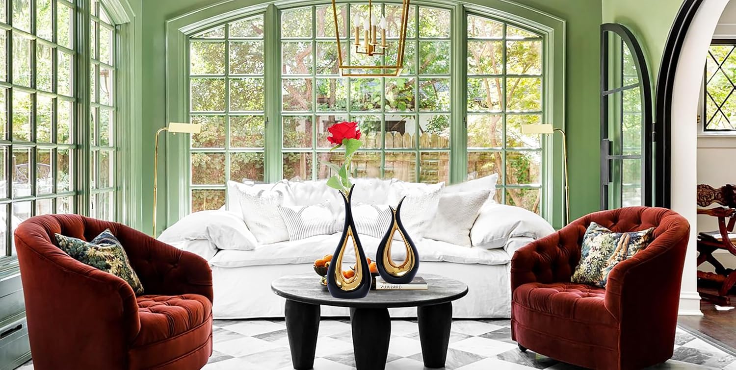 2 PCS Black Gold Vase Home Decor Accent Ceramic Vase set of 2 Vases for Centerpieces Pampas Flower Vases for Coffee Table Living Room Shelf Bookshelf Dining Kitchen Mantel and Entryway Decorations - Image 6