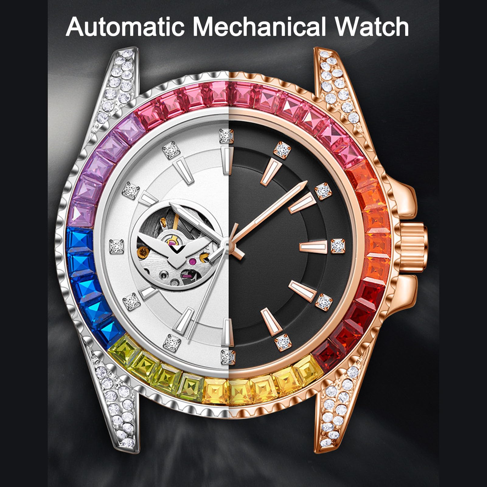 Luqeeg Automatyczny Zegarek Mechaniczny z kolorową wodą z Kryształów Automatyczny Mechaniczny Zegarek Chronografowy z opaską ze Stali Nierdzewnej do Swobodnych Podróży