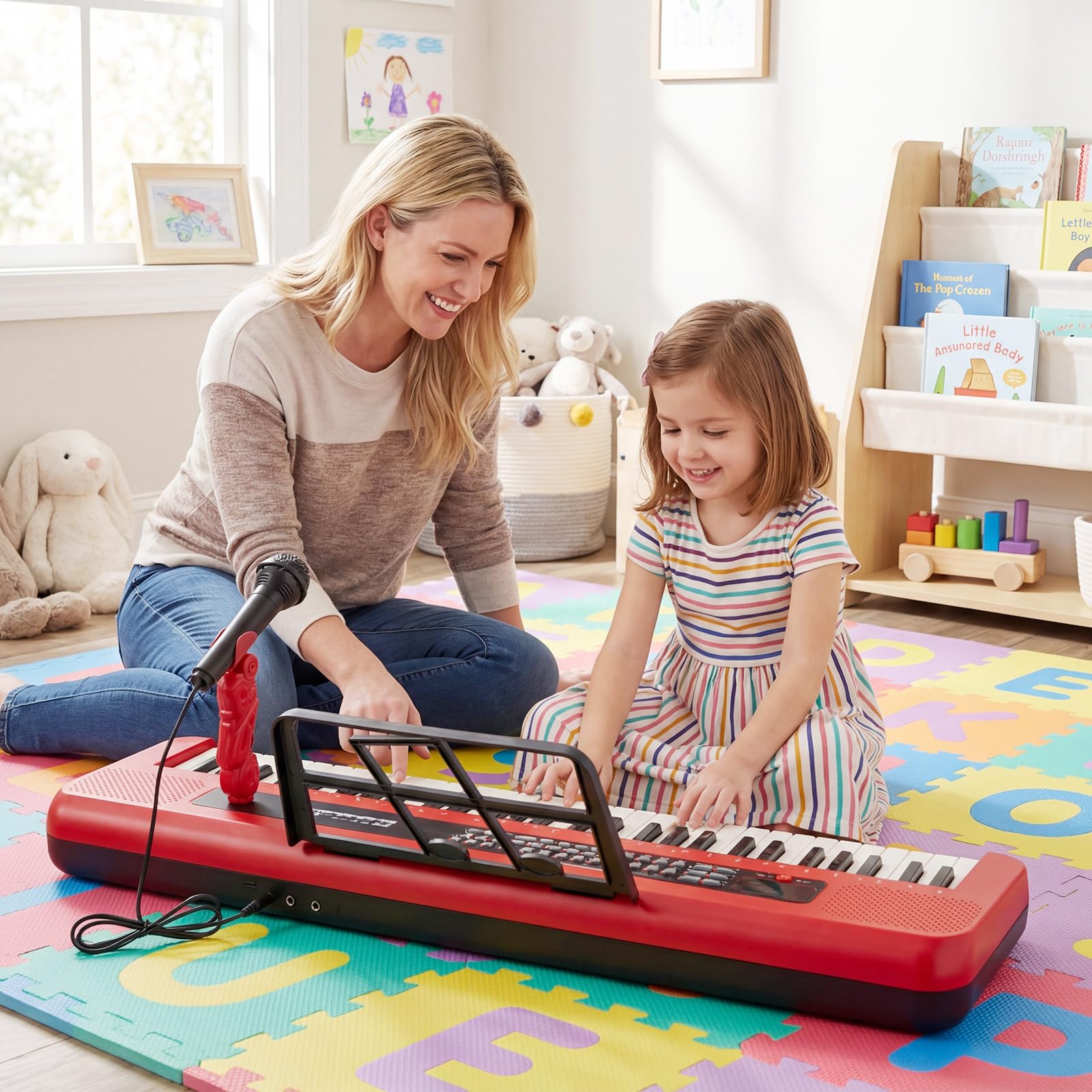 KOMFOTTEU Tastiera Elettronica per Bambini di 3 Anni+, con Microfono e Leggio, Pianoforte Digitale a 61 Tasti con Supporto Regolabile, Pianoforte Elettronico, 200 Tonalità & Ritmi, 20 Demo (Rosso)