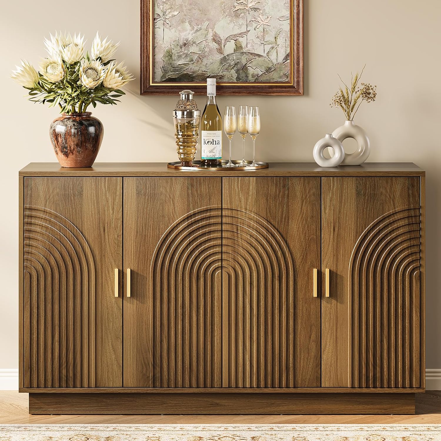 Fluted Sideboard Buffet Cabinet with Storage - 57" Credenza Coffee Bar Cabinet with 4 Doors, Accent Kitchen Storage Cabinets with Adjustable Shelves for Living Room & Kitchen, Entryway, Walnut