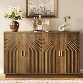 Curlaky Fluted Walnut Sideboard Buffet Cabinet - 57" 4-Door Credenza with Adjustable Shelves, Kitchen Living Room Storage