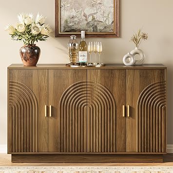 Fluted Sideboard Buffet Cabinet with Storage - 57" Credenza Coffee Bar Cabinet with 4 Doors, Accent Kitchen Storage Cabinets with Adjustable Shelves for Living Room & Kitchen, Entryway, Walnut