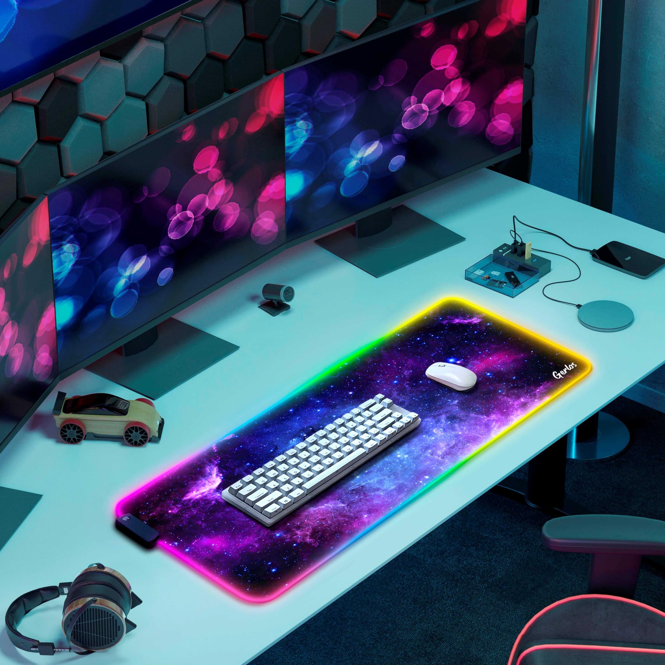 Gerlos RGB Gaming Mouse Pad, Large Extended LED Desk Mat with 12 Light Modes, Non-Slip Rubber Base, Water-Resistant, 31.5×11.8 Inch: Violet