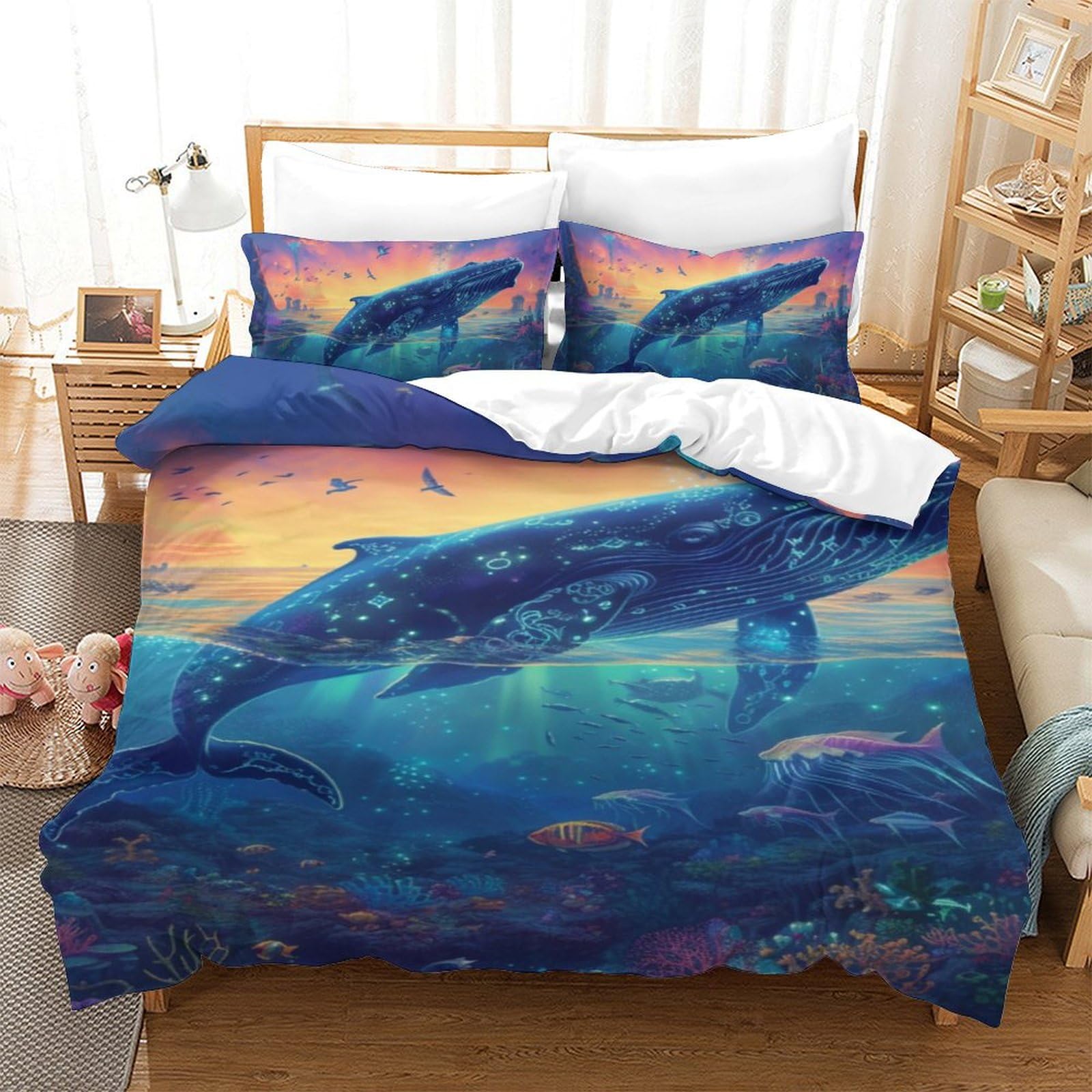 Housse de couette baleine 140x200 microfibre avec taies d'oreiller pour enfant