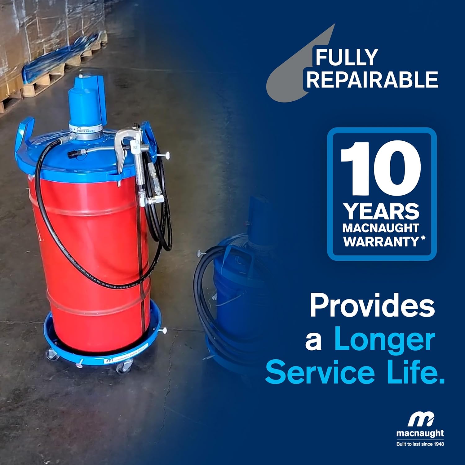 Macnaught Legendary P6TR 50:1 Air-Operated Greasing Pump for 120 lb. Drum. Includes Booster Gun, Hose and Trolley, Low Air Consumption (3CFM)