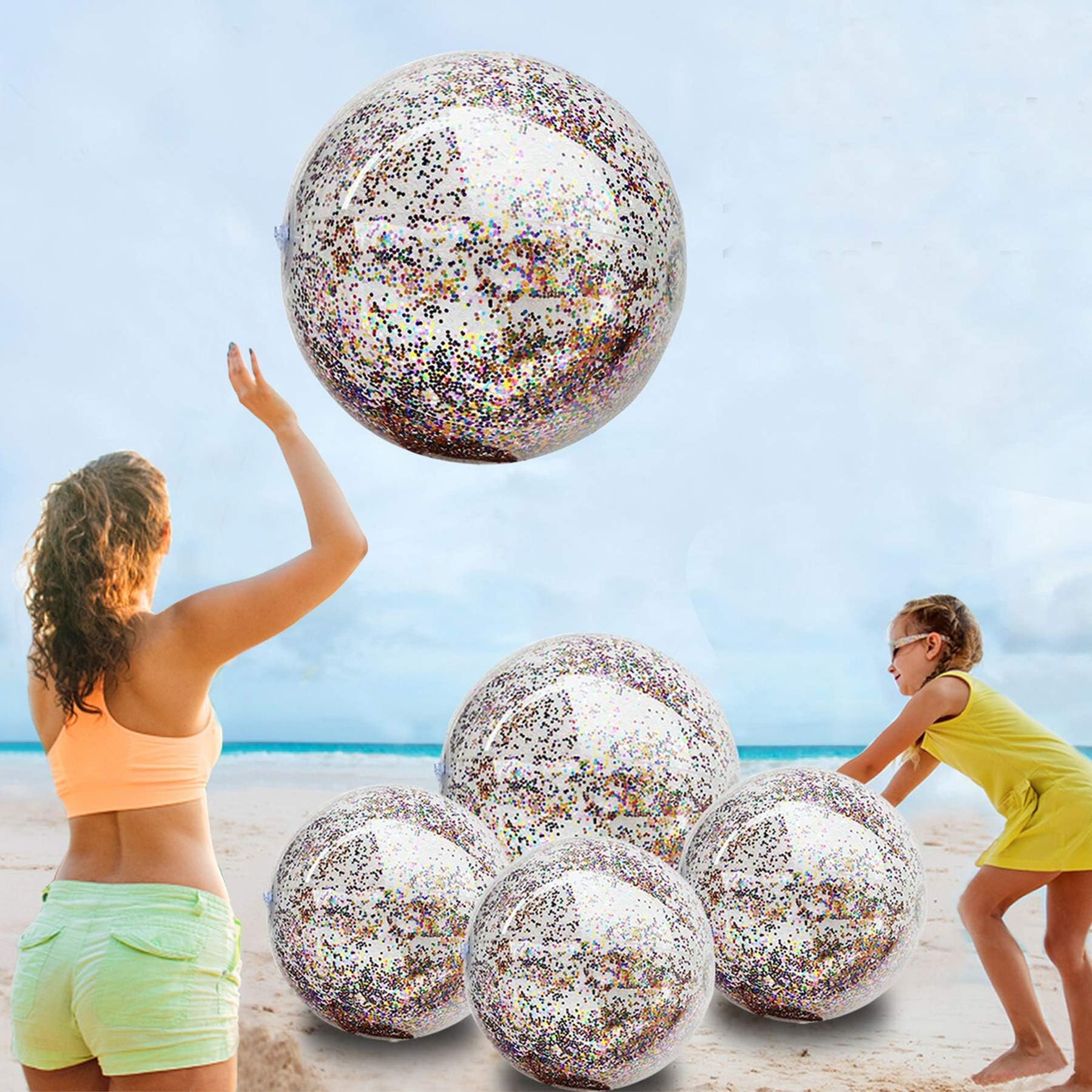 - 5 Pack Sequins Beach Balls 16 Inch 24 Inch, Inflatable Confetti Glitters Clear Beach Ball Swimming Pool Toy Birthday Party Supplies Pool Party Decorations Favors Gifts Water Balloons for Kids Adults