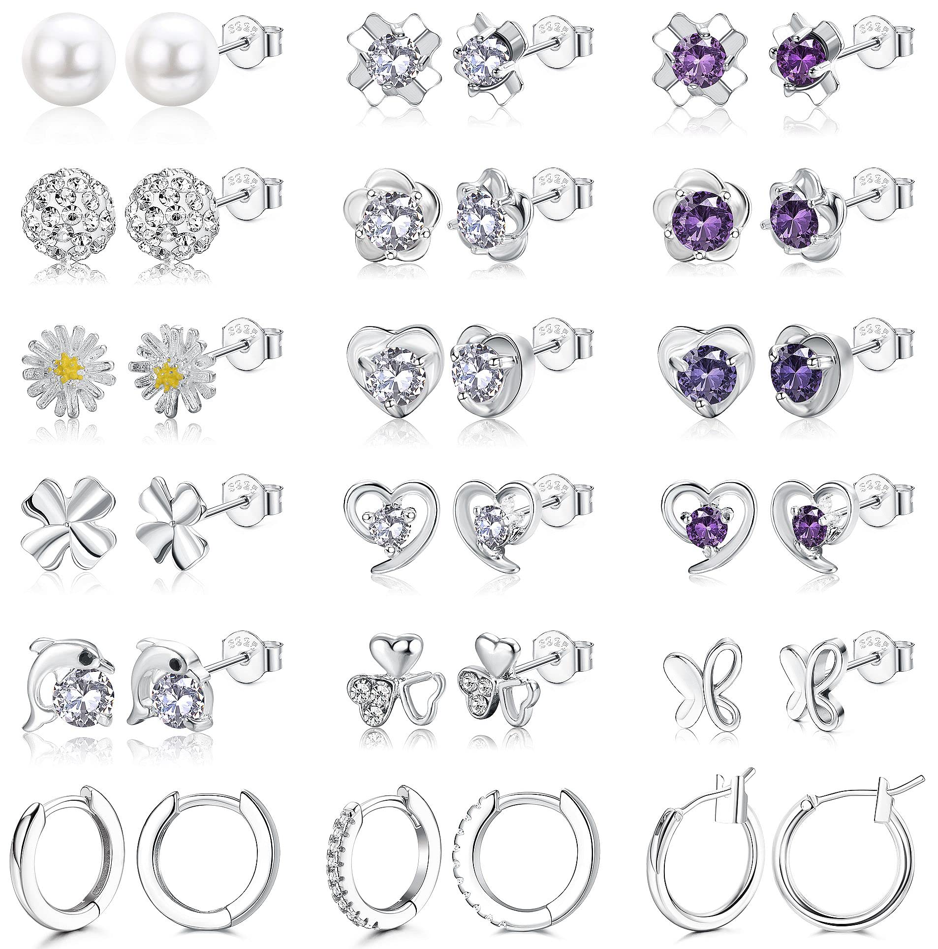 ORAZIO 18Pares Pendientes Niña Plata De Ley 925 Hipoalergenicos Pendientes Flores Perlas Corazon Pendientes Conjunto Pequeños Pendientes de Aros plata niña Mujer