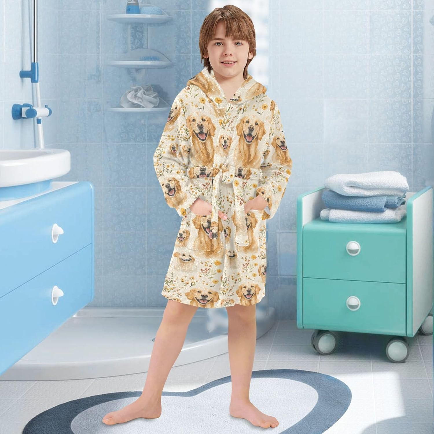 Golden Retrievers Dogs Bathrobe Hooded PJ Robe Plush Fleece Robe Pajama Sleepwear 2-12 Years