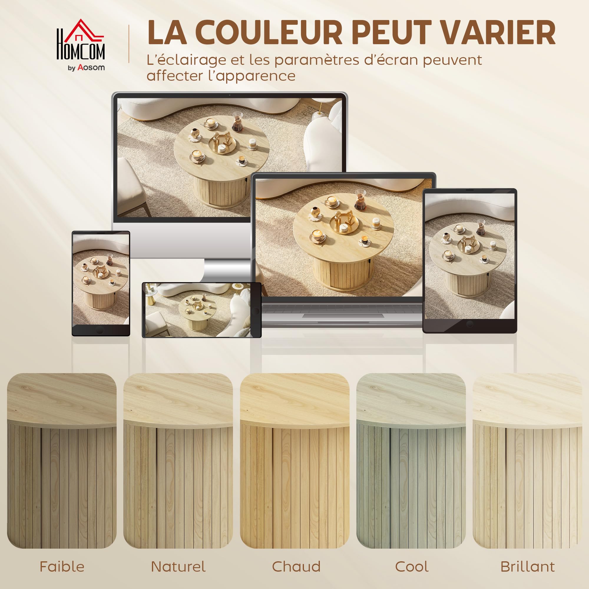 HOMCOM Table Basse Ronde, Table de Salon avec Rangement, Porte coulissante à Lattes, 2 étagères, Patins en Feutre, Style Moderne, pour Salon, Bureau, Ø 80 x 50 cm, Effet Bois Naturel