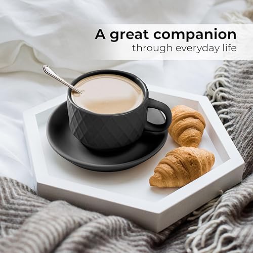 Miniatura 6 de MIAMIO - 6 tazas de café expreso de gres de 2.5 onzas, juego moderno de tazas con soporte y platillos - Colección Palmanova (negro)